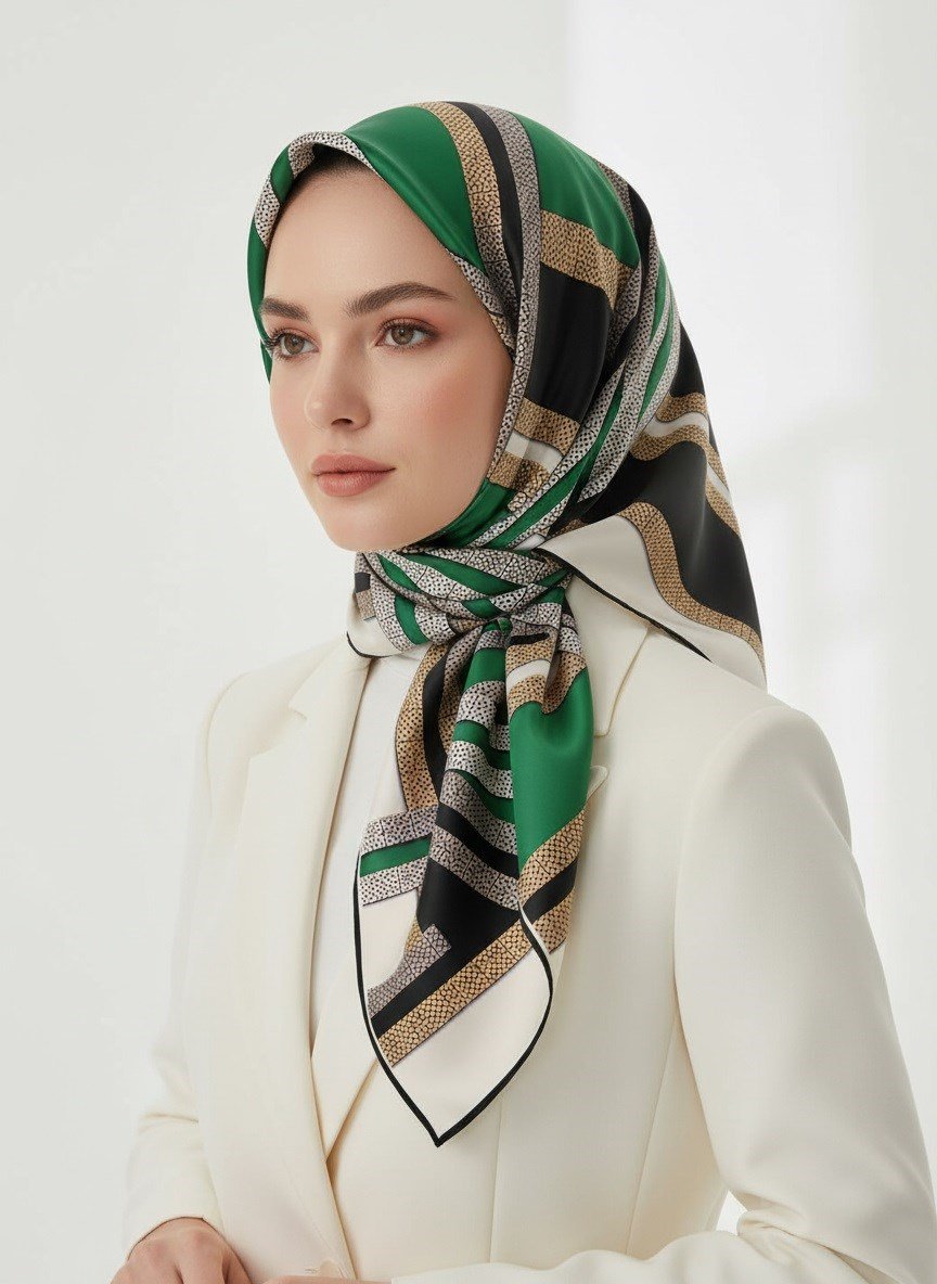 %100 Twill İpek Geometrik Desenli Siyah - Zümrüt Yeşili Renkli 90x90 Eşarp Dikim Şekli : El Dikişi