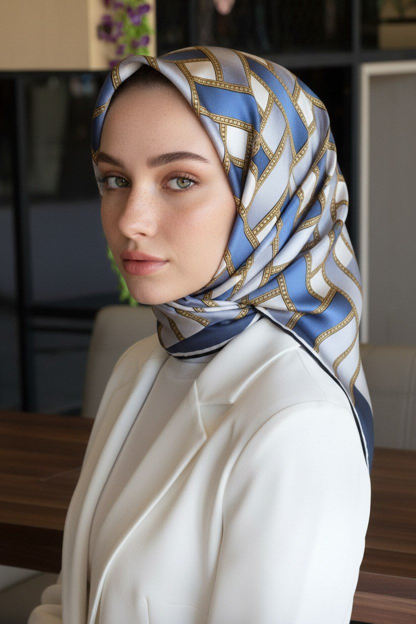 %100 Twill İpek Hasır Örgü Desenli İndigo - Gümüş Renkli 90x90 Eşarp Dikim Şekli : El Dikişi