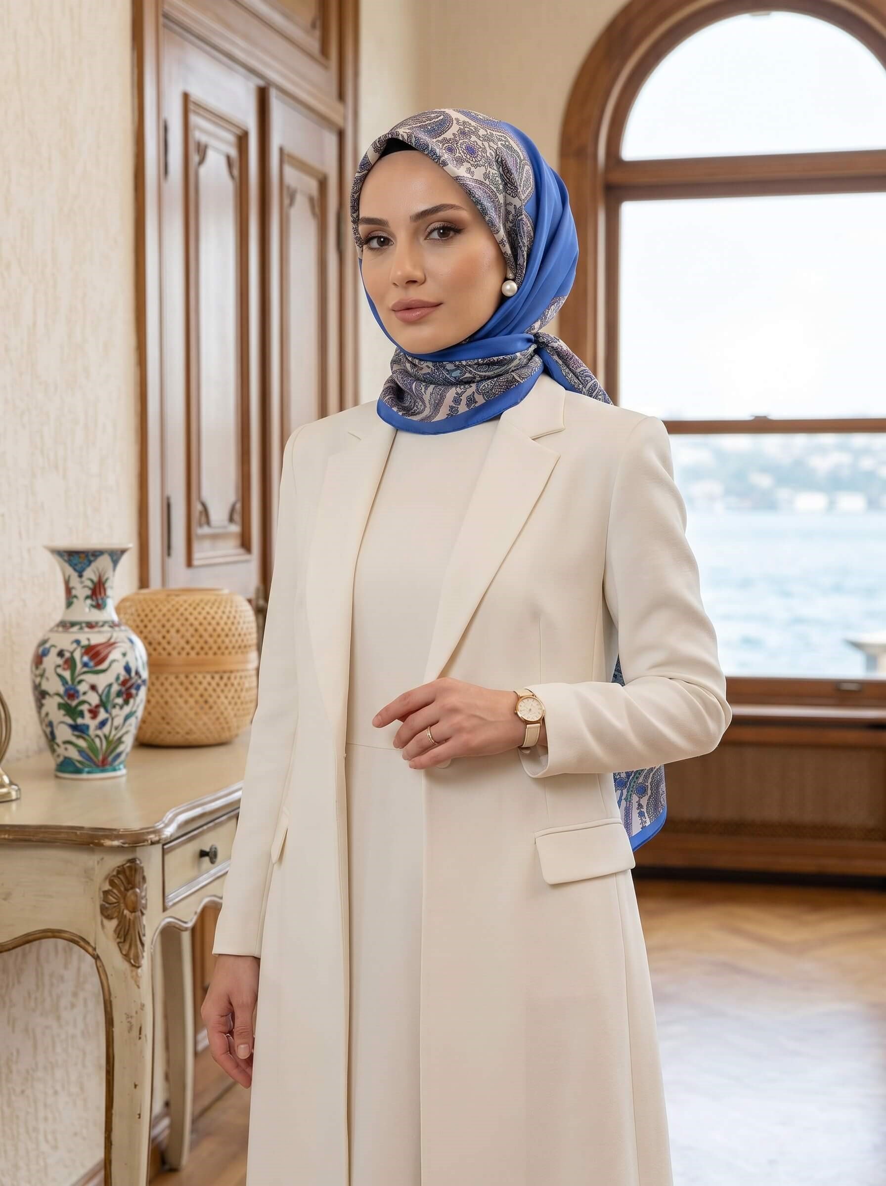 %100 Saf İpek Şal İnce Saten Vual Dokuma Etro Desenli Saks Renkli 90x210 Şal