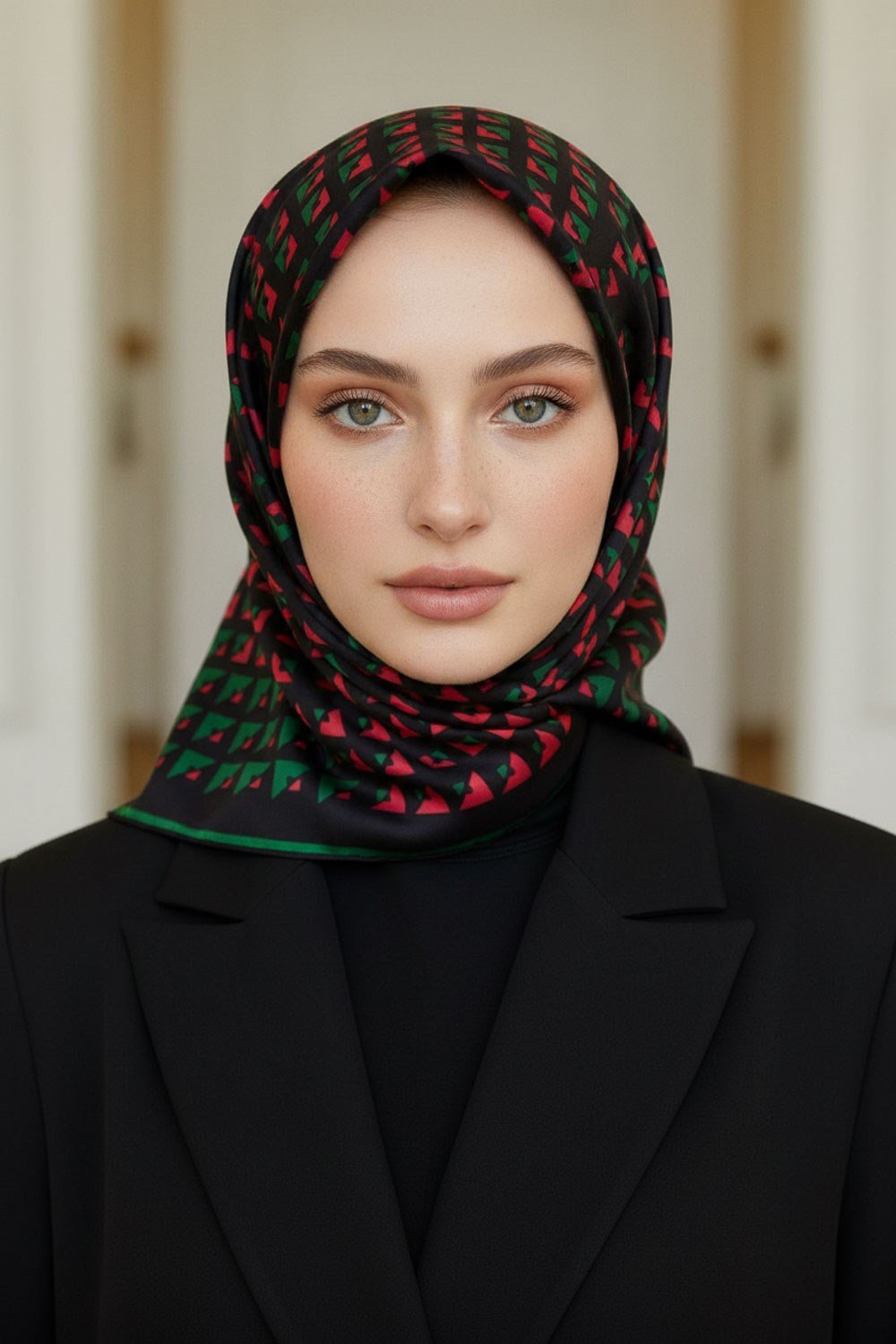 %100 Twill İpek Geometrik Desenli Kırmızı - Zümrüt Yeşili Renkli 90x90 Eşarp Dikim Şekli : El Dikişi