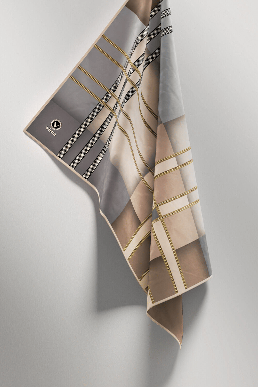 Twill Geometrik Desenli Gri - Bej Renkli 90x90 Eşarp (İpek İçermez) Kenar Dikiş Şekli El Dikişli