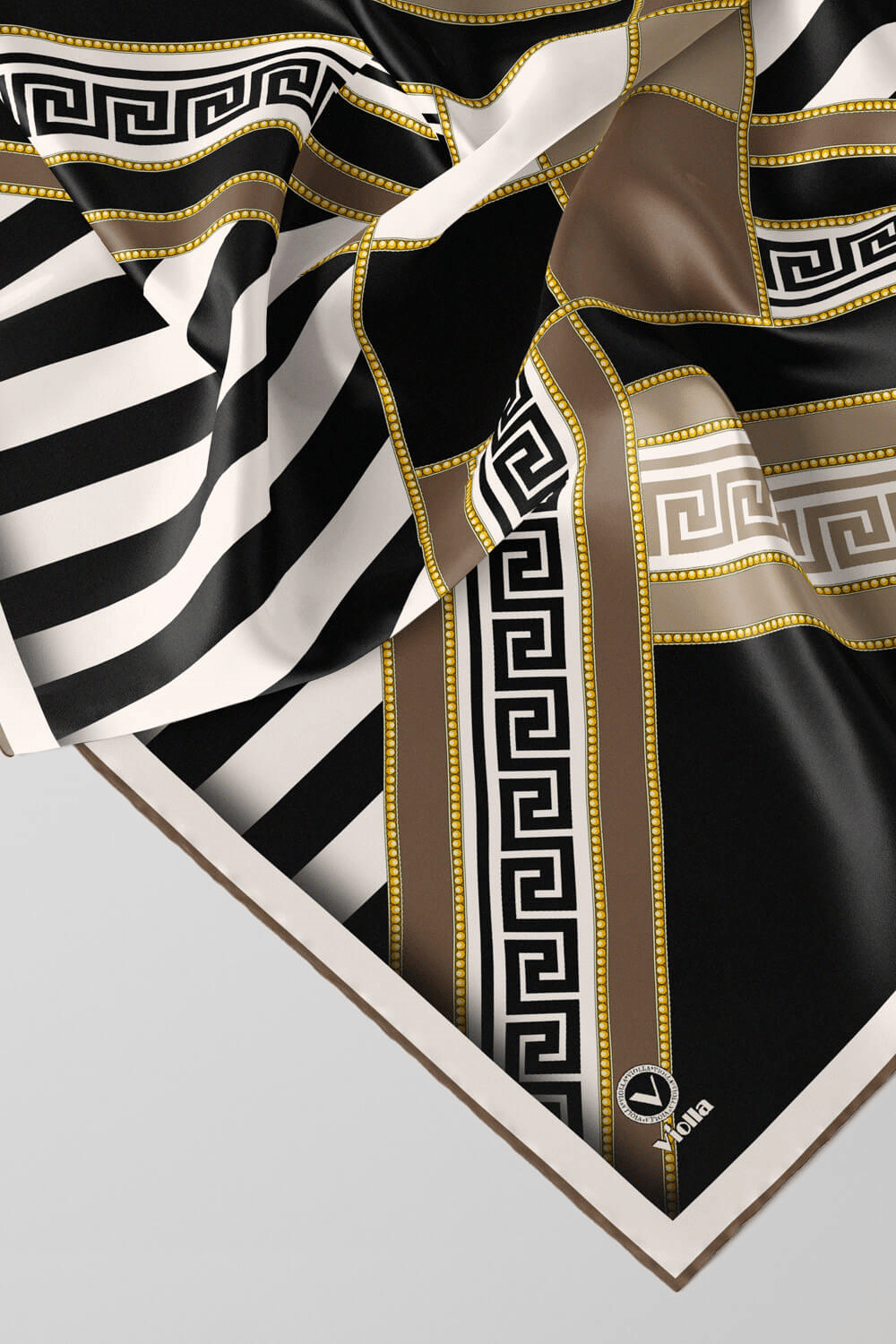 Twill Çizgili Geometrik Desenli Vizon Renkli 90x90 Eşarp (İpek İçermez) Kenar Dikiş Şekli El Dikişli