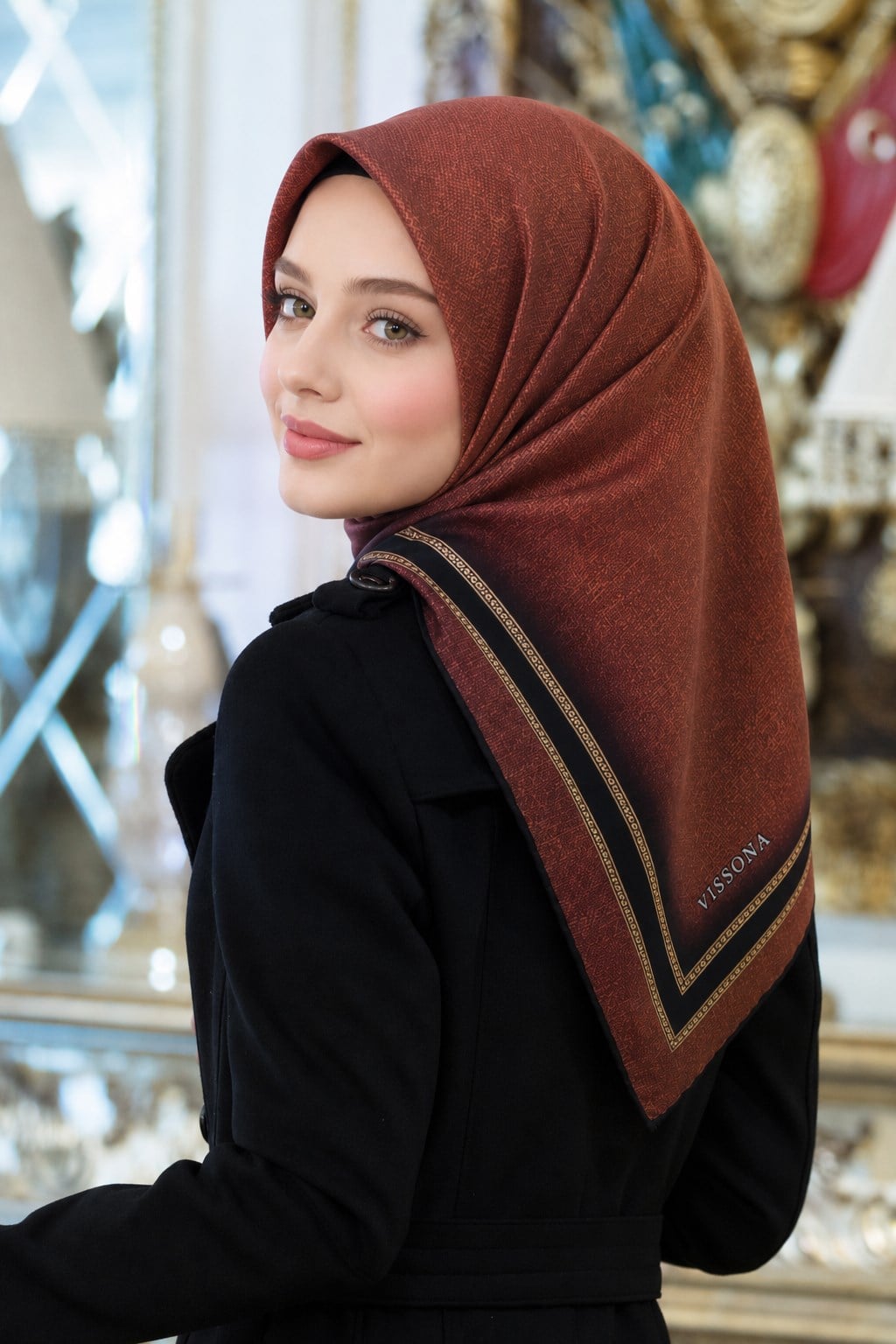 % 57 İPEK % 43 VİSKON Twill İpek Dokulu Şerit Desenli Siyah - Taba Renkli 90x90 Eşarp Dikim Şekli : El Dikişi