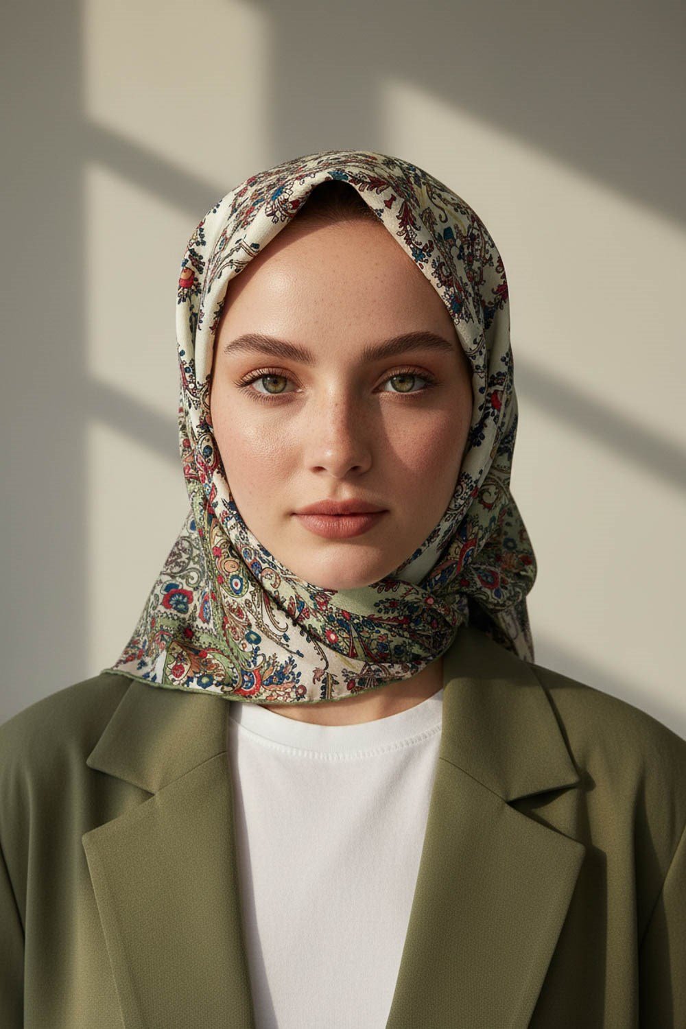 %100 Twill İpek Şal Desenli Haki Renkli 90x90 Eşarp Dikim Şekli : El Dikişi