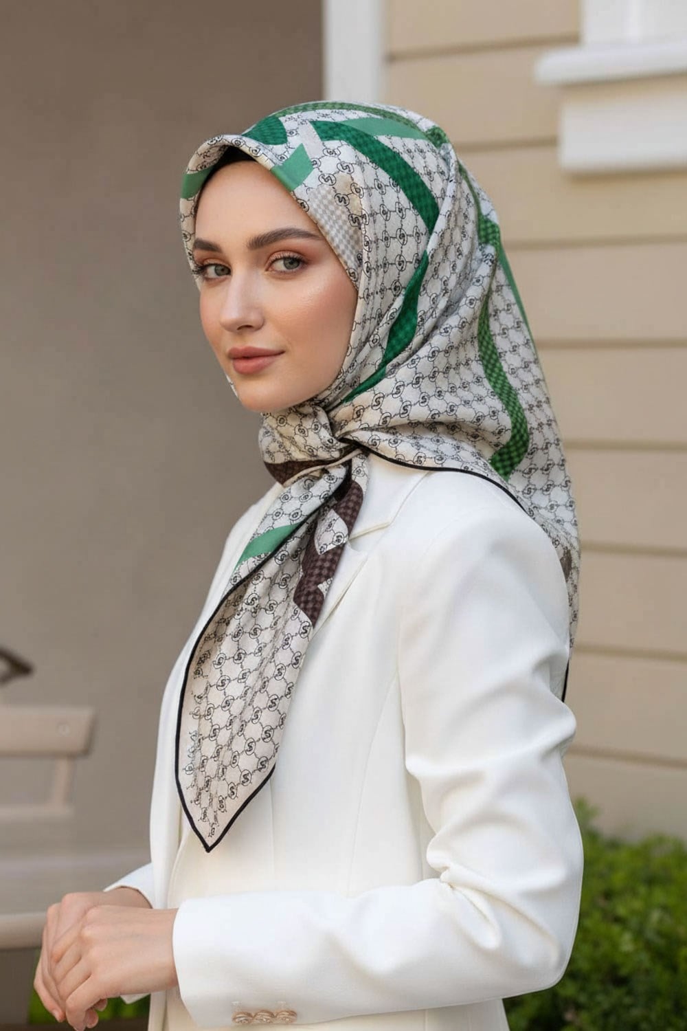 %100 Twill İpek Monogram Ve Şerit Desenli Kahverengi - Zümrüt Yeşili Renkli 90x90 Eşarp Dikim Şekli : El Dikişi