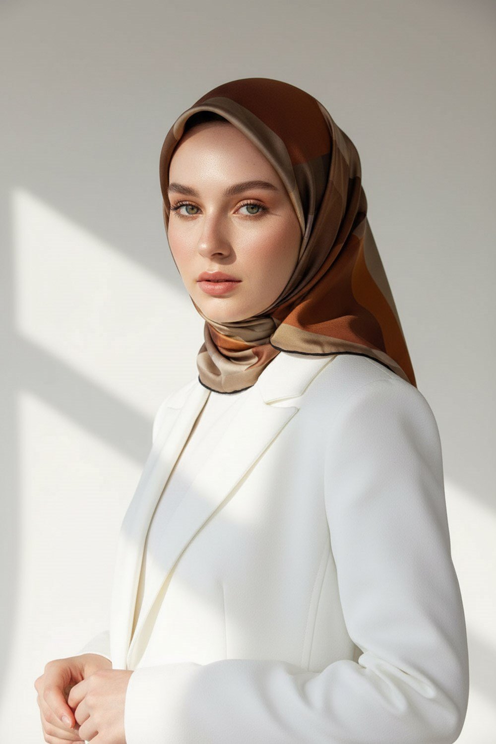 %100 Twill İpek Geometrik Desenli Kahverengi - Taba Renkli 90x90 Eşarp Dikim Şekli : El Dikişi