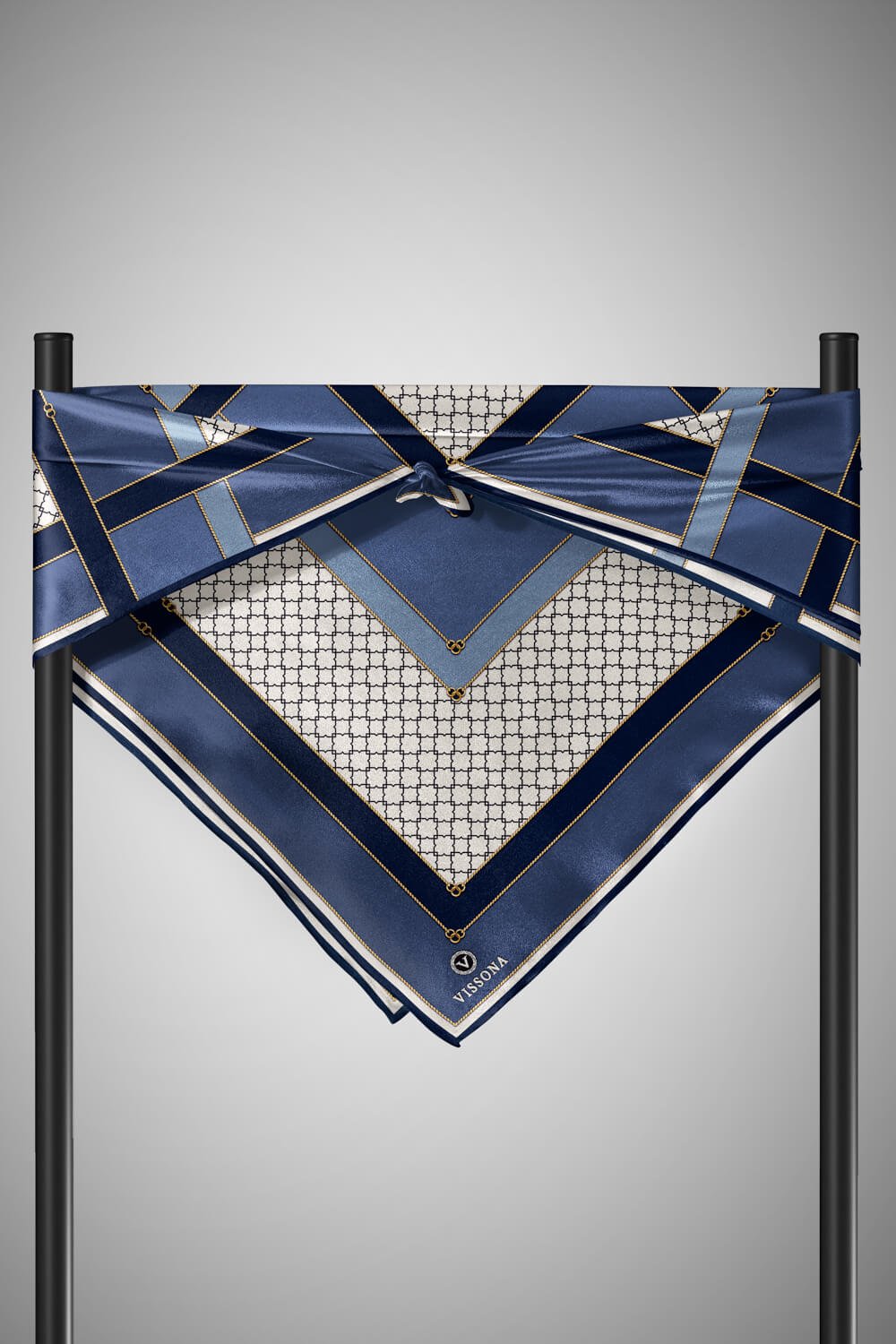 %100 Twill İpek Geometrik Desenli Lacivert - İndigo Renkli 90x90 Eşarp Dikim Şekli : El Dikişi