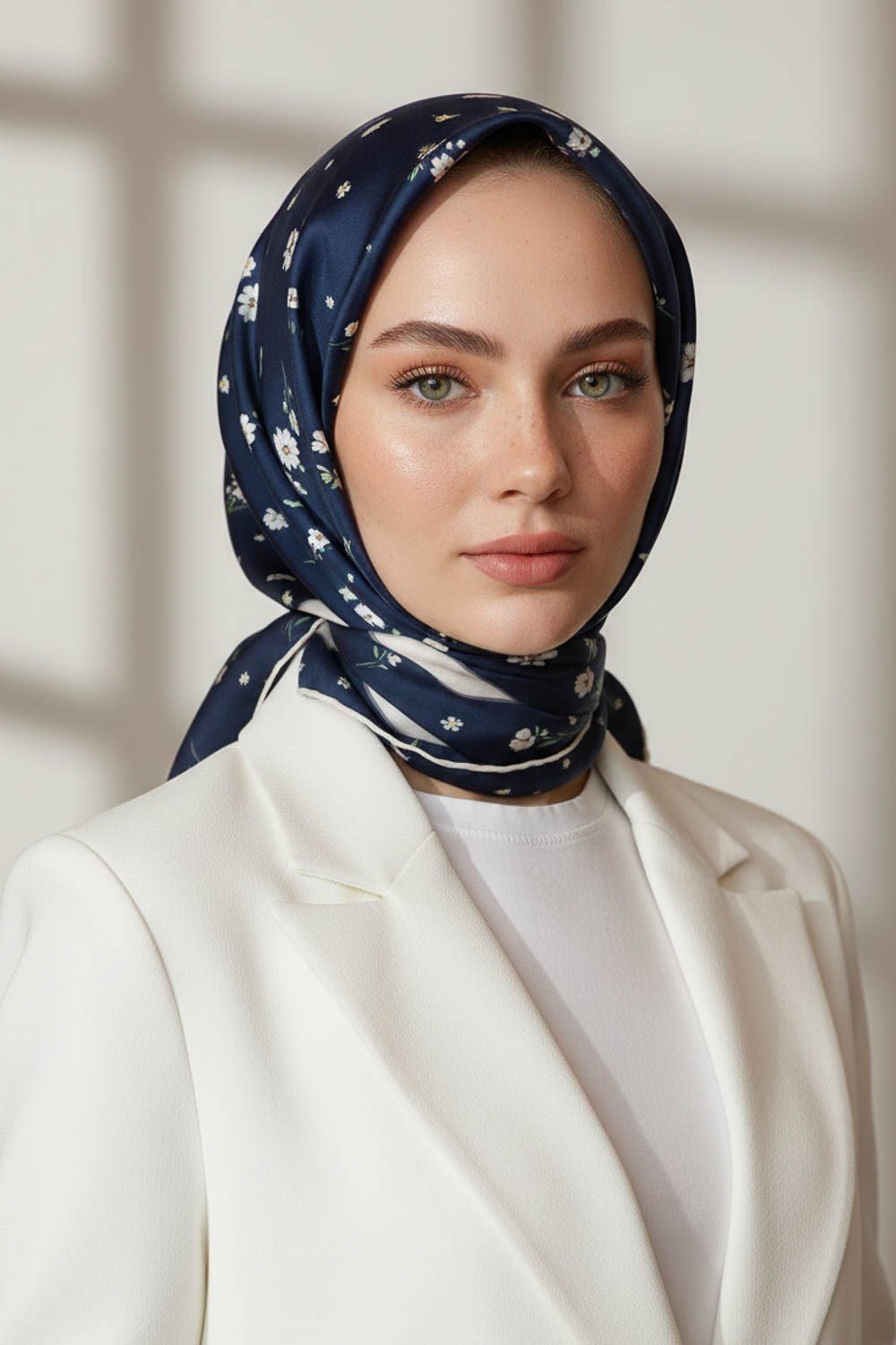 100% Twill İpek Bordürlü Çıtır Çiçek Desenli Lacivert - Krem Renkli 90x90 Dikim Şekli : El Dikişi Eşarp