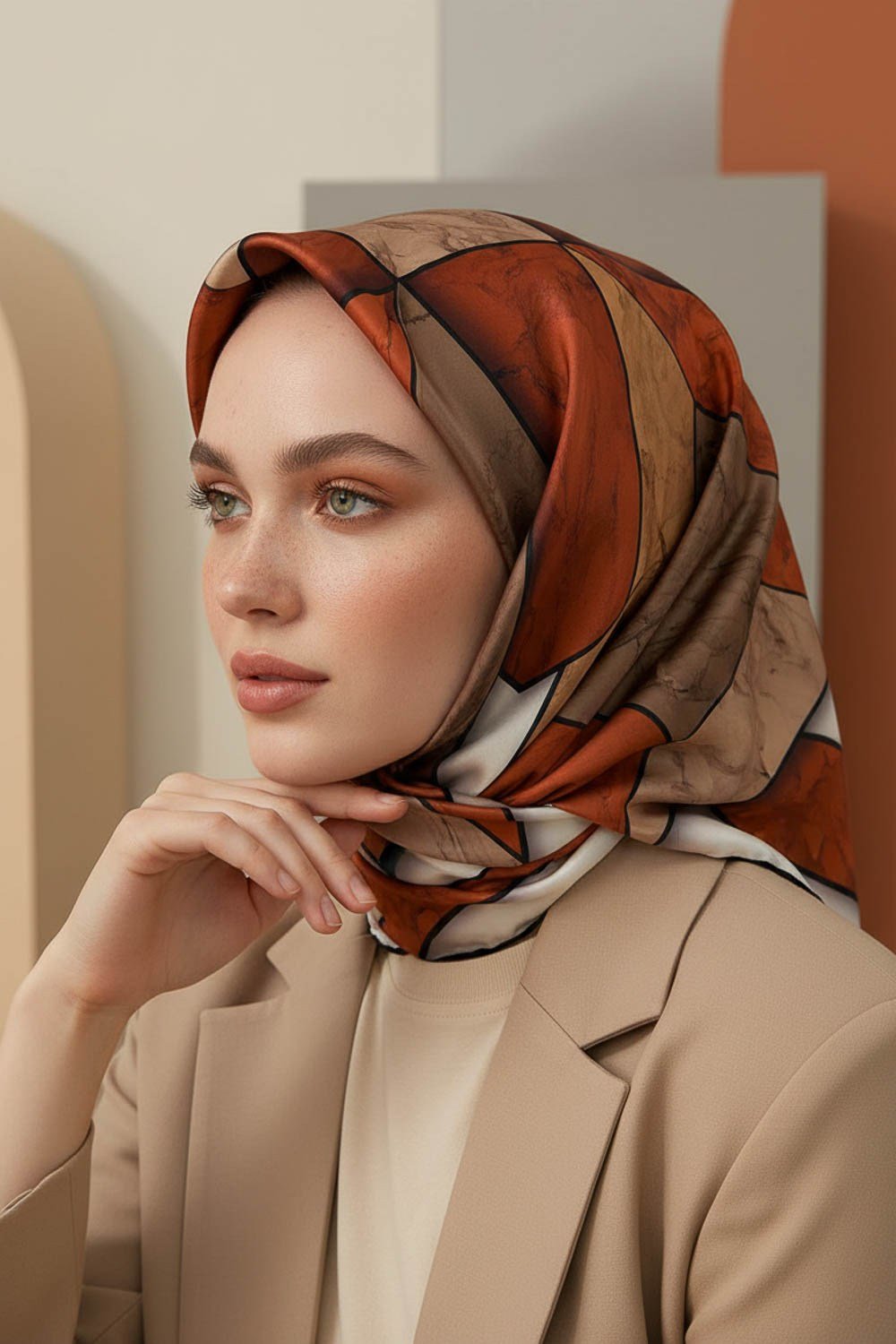 Rayon Mermer Desenli Taba - Bej Renkli 90x90 Eşarp (İpek İçermez) Kenar Dikiş Şekli El Dikişli