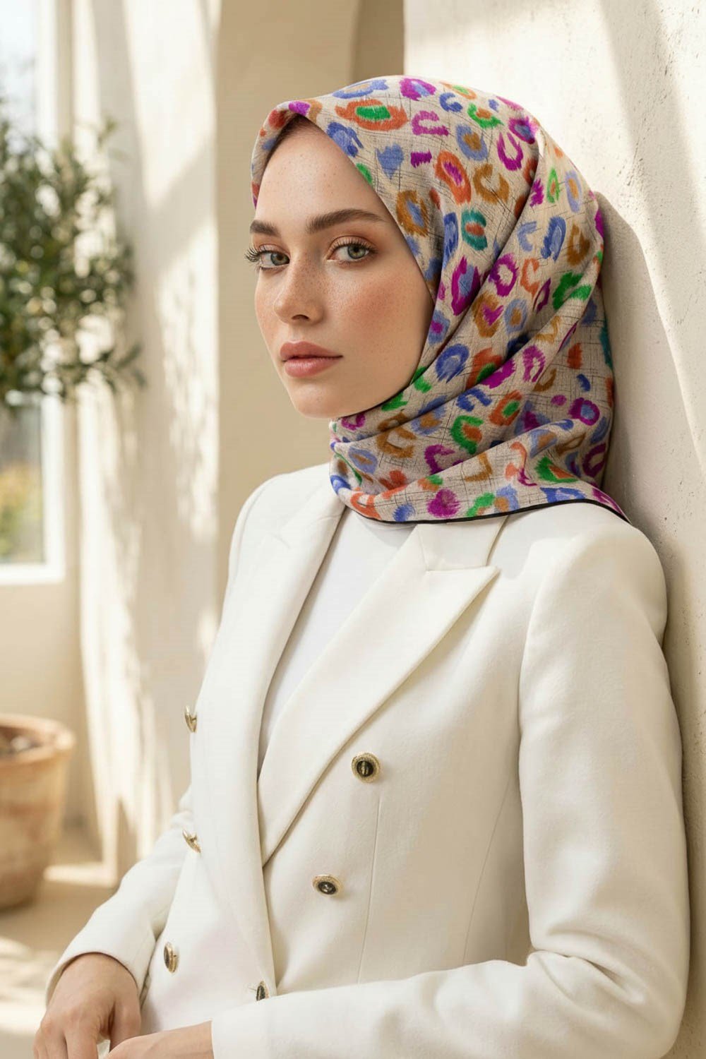 %100 Twill İpek Renkli Leopari Desenli Turuncu - Saks Renkli 90x90 Eşarp Kenar Dikiş Şekli El Dikişli