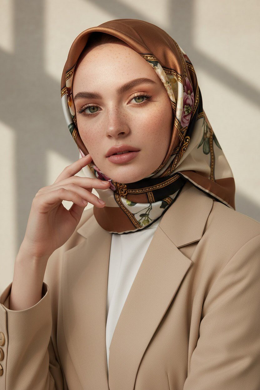 100% Twill İpek Şeritli Çiçek Desenli Bakır - Krem Renkli 90x90 Dikim Şekli : El Dikişi Eşarp