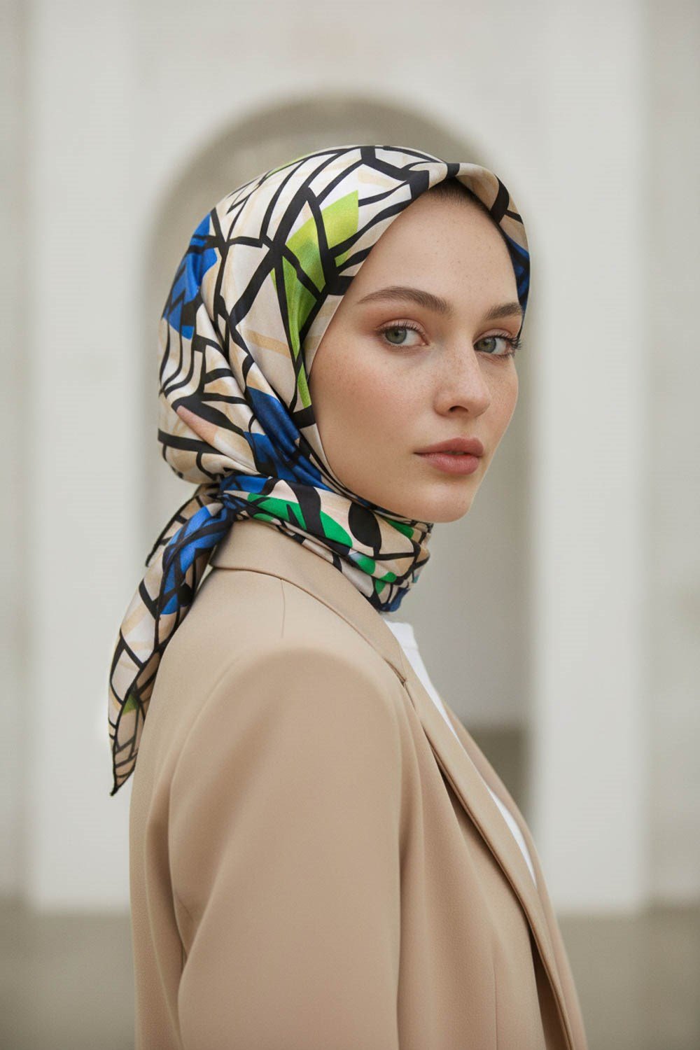 %100 Twill Renkli Petek Desenli Saks - Benetton Yeşili Renkli 90x90 Eşarp Dikim Şekli: El Dikişii