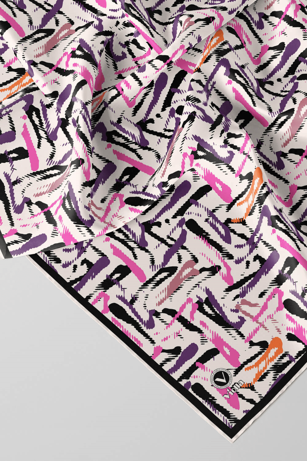Twill Geometrik Desenli Beyaz - Mor Renkli 90x90 Eşarp (İpek İçermez) Dikim Şekli : El Dikişi