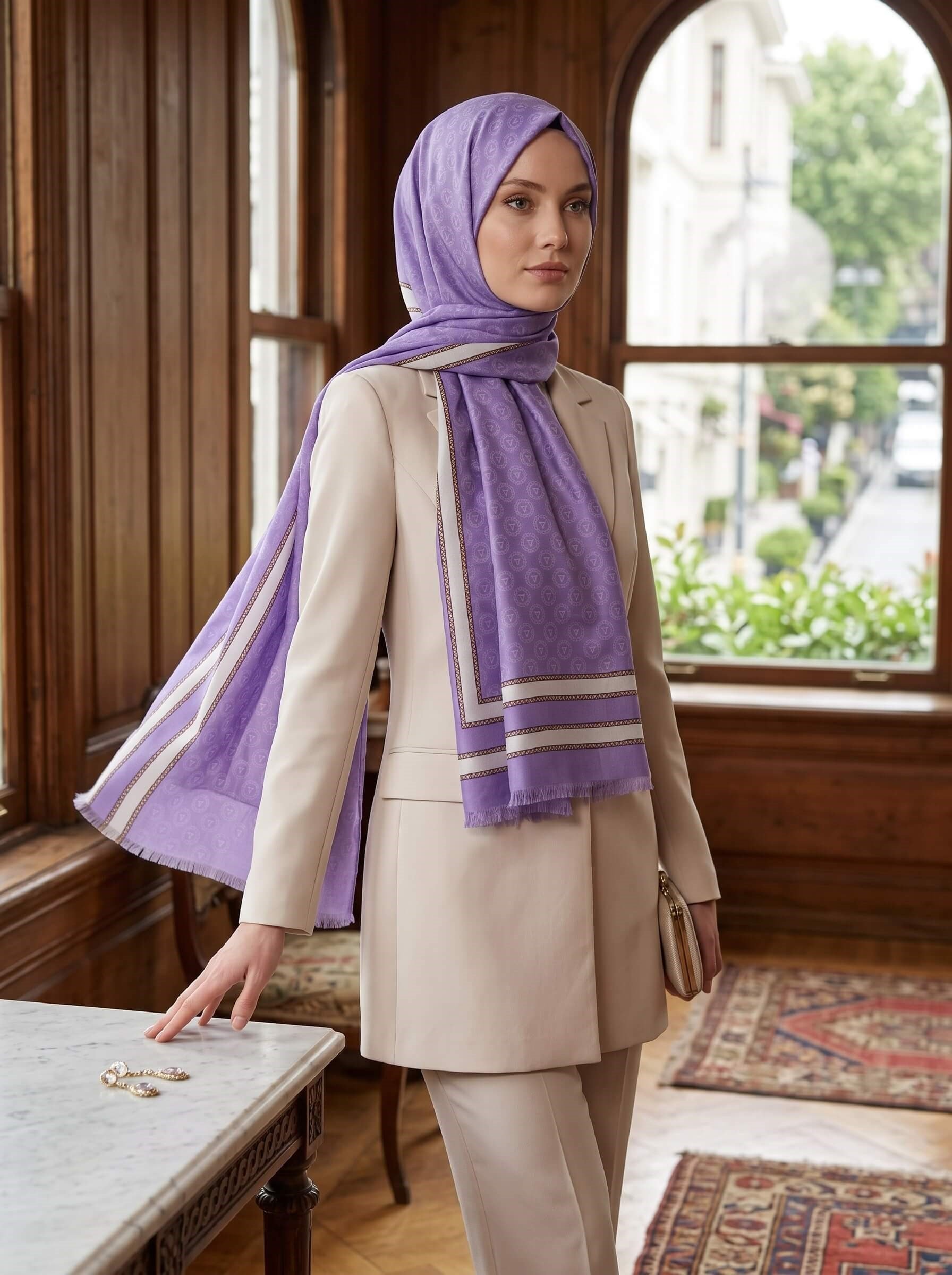 %100 Saf İpek Şal İnce Saten Vual Dokuma Monogram Desenli Lila - Krem Renkli 90x210 Şal