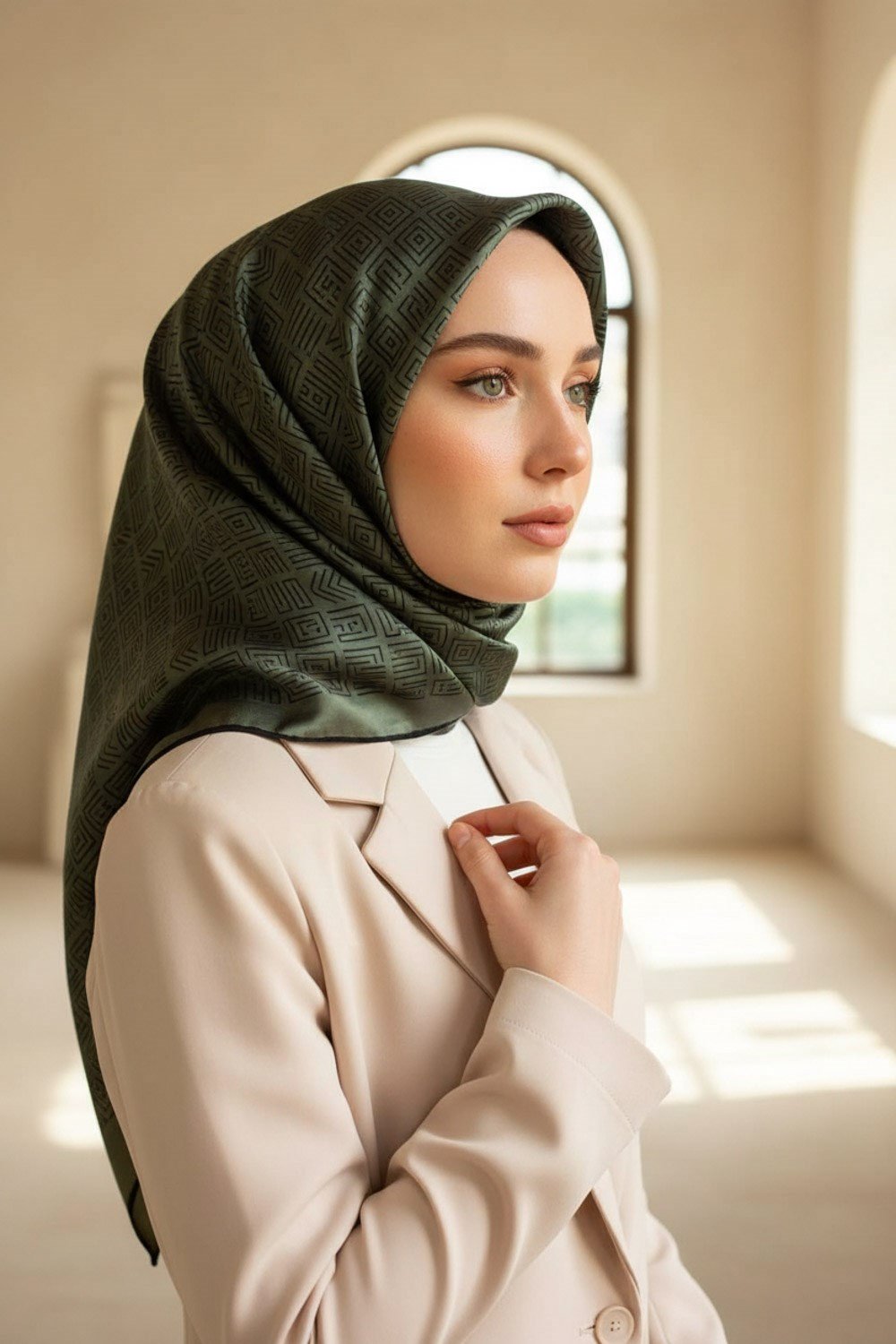 %57 İPEK %43 VİSKON Twill İpek Etnik Motif Desenli Haki - Siyah Renkli 90x90 Eşarp Dikim Şekli : El Dikişi