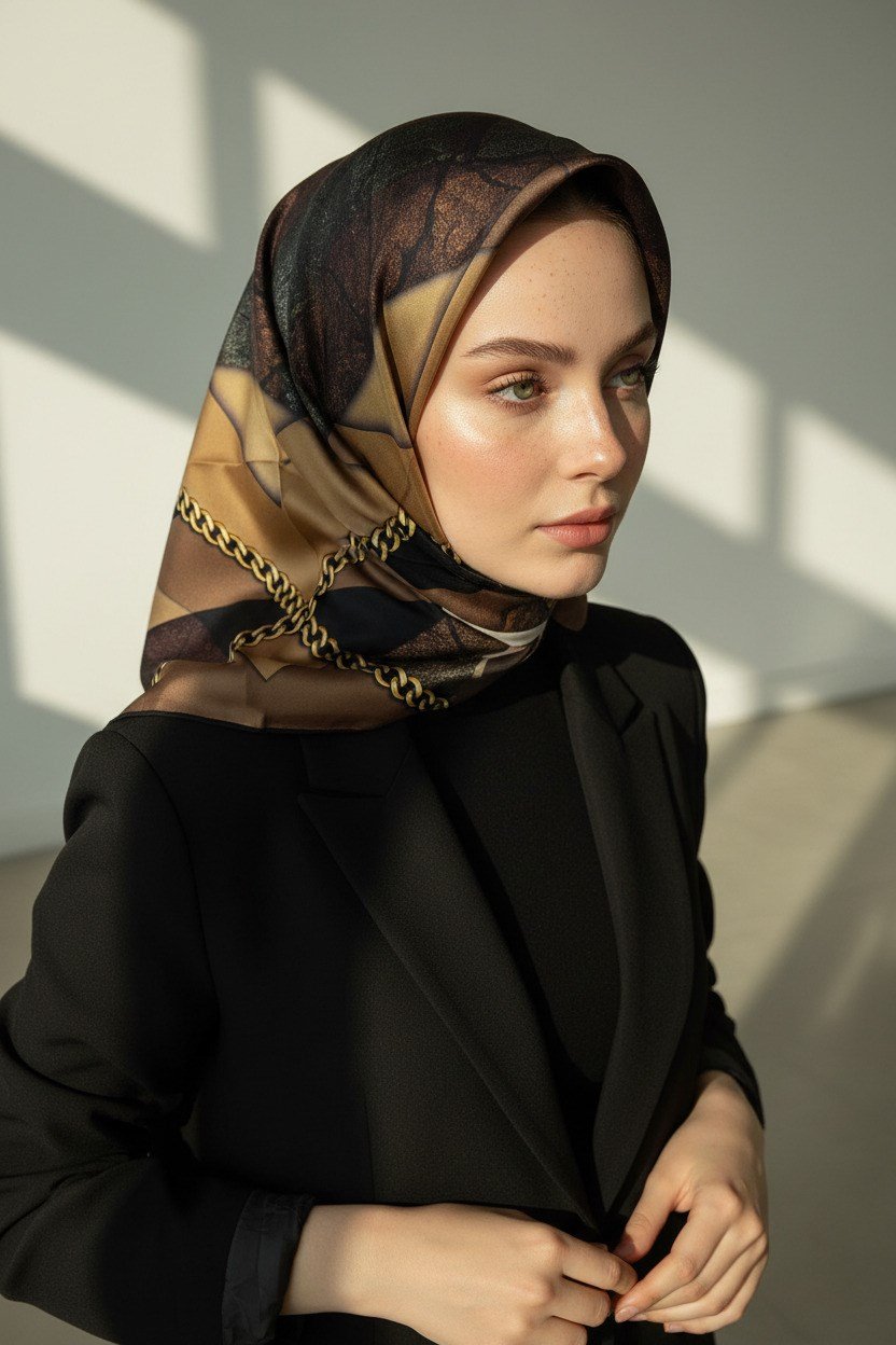 %100 Twill İpek Taş Efekti Desenli Hardal - Siyah Renkli 90x90 Eşarp Dikim Şekli : El Dikişi