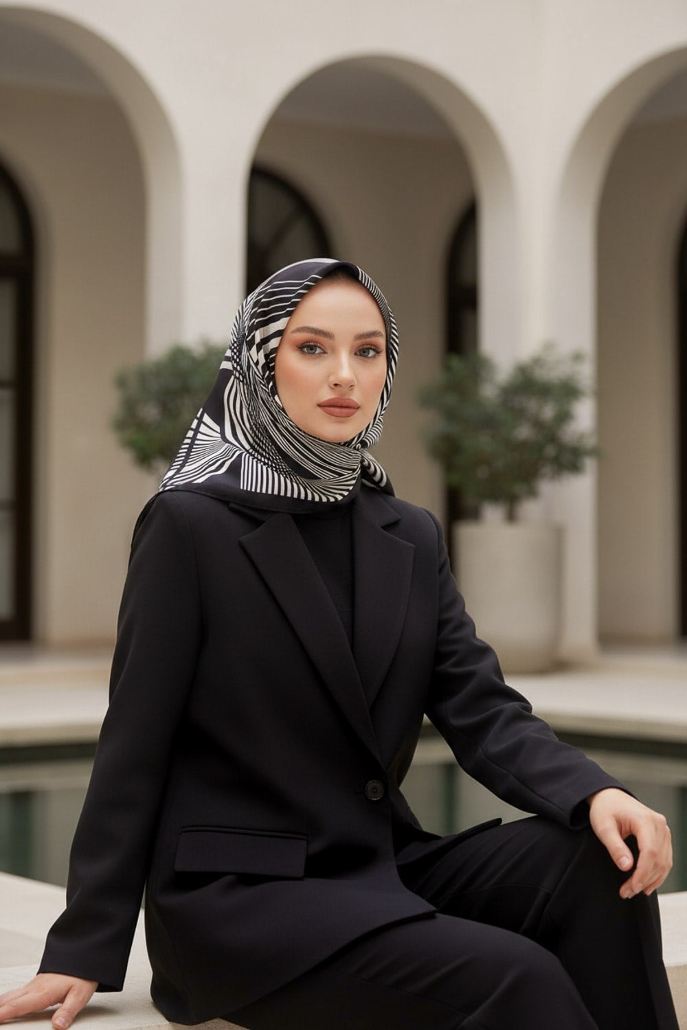 %100 Twill İpek Çizgili Desenli Siyah - Krem Renkli 90x90 Eşarp Dikim Şekli : El Dikişi