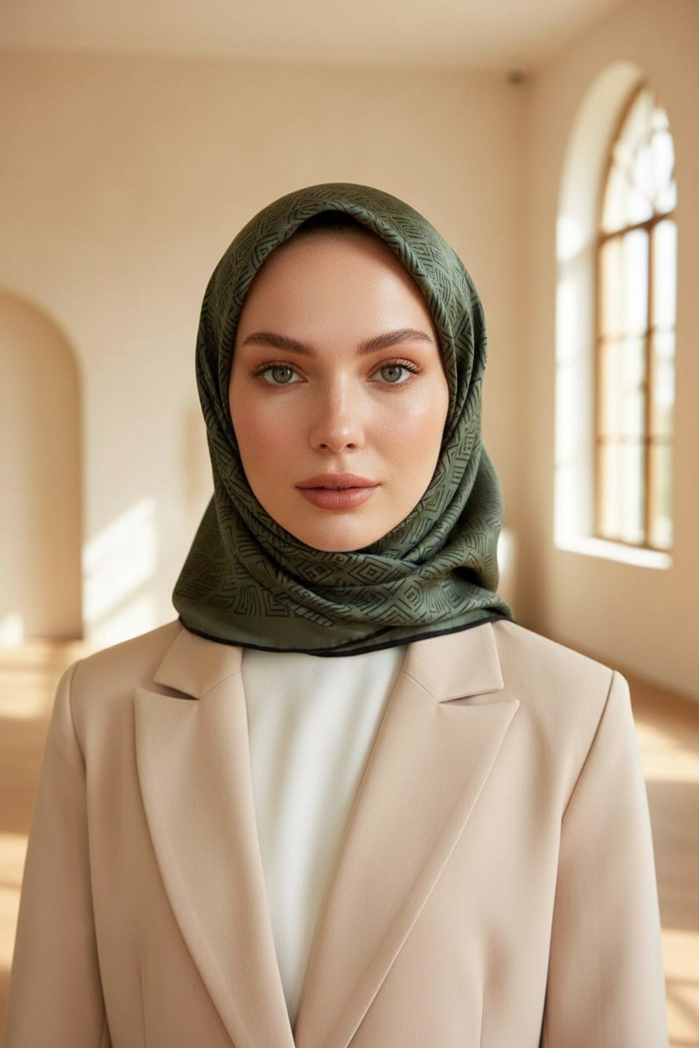 %57 İPEK %43 VİSKON Twill İpek Etnik Motif Desenli Haki - Siyah Renkli 90x90 Eşarp Dikim Şekli : El Dikişi