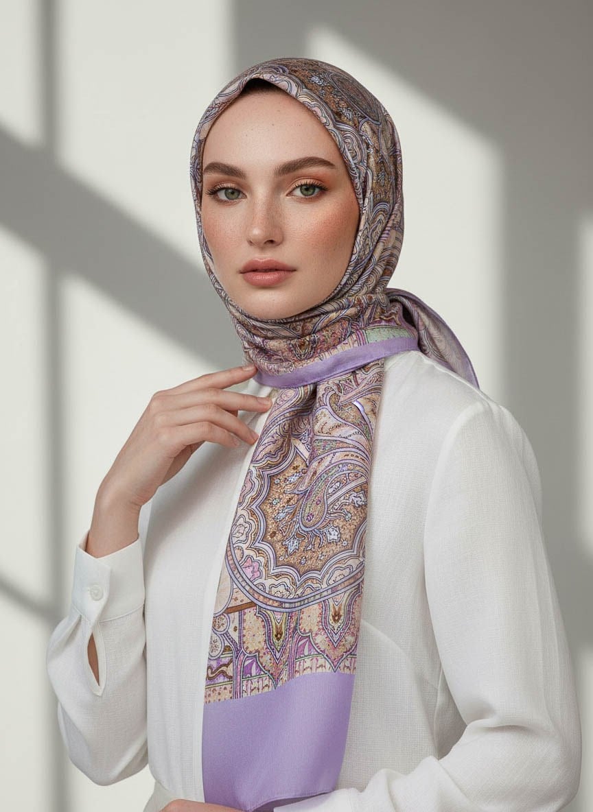 %100 Saf İpek Şal İnce Saten Vual Dokuma Etnik Desenli Lila - Bej Renkli 90x210 Şal