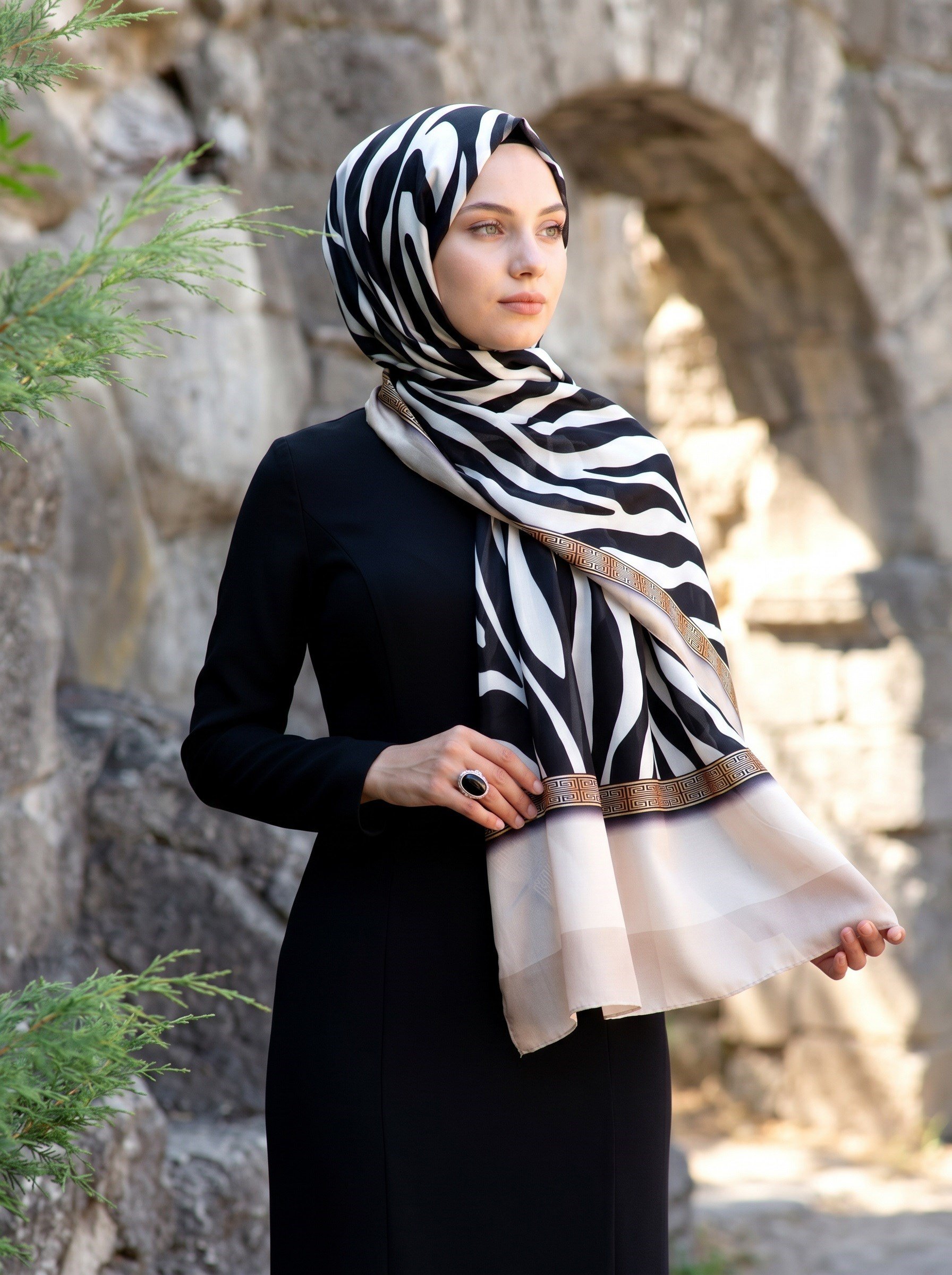 %100 Saf İpek Şal İnce Saten Vual Dokuma Zebra Desenli 90x210 Şal