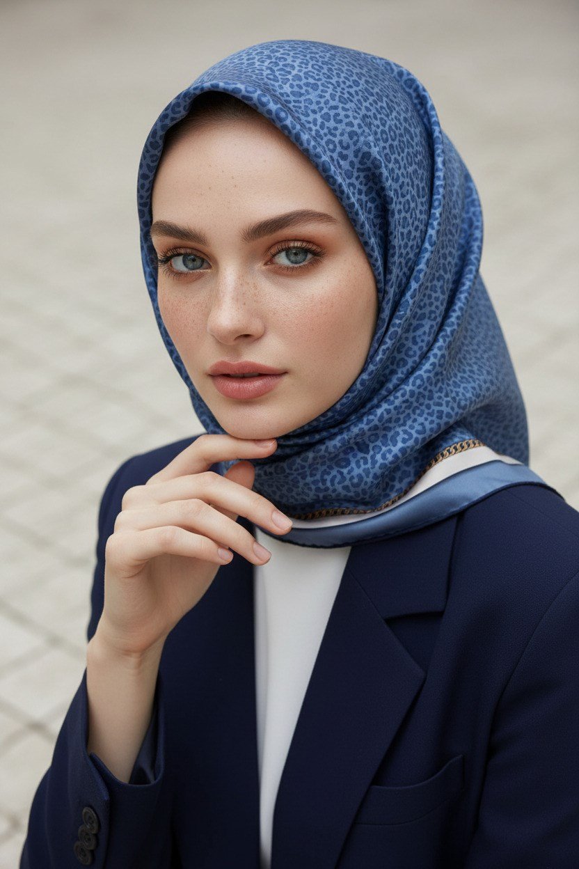 % 57 İPEK % 43 VİSKON Twill İpek Leopar Desenli İndigo - Krem Renkli 90x90 Eşarp Dikim Şekli : El Dikişi