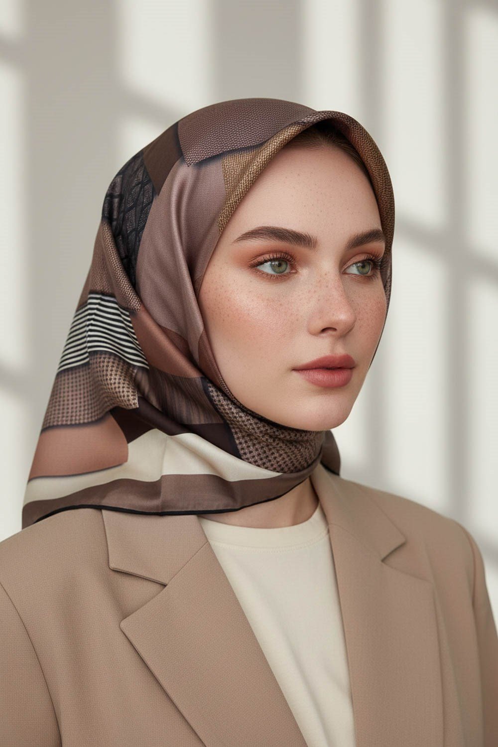 %100 Twill İpek Geometrik Desenli Bakır - Bej Renkli 90x90 Eşarp Dikim Şekli : El Dikişi