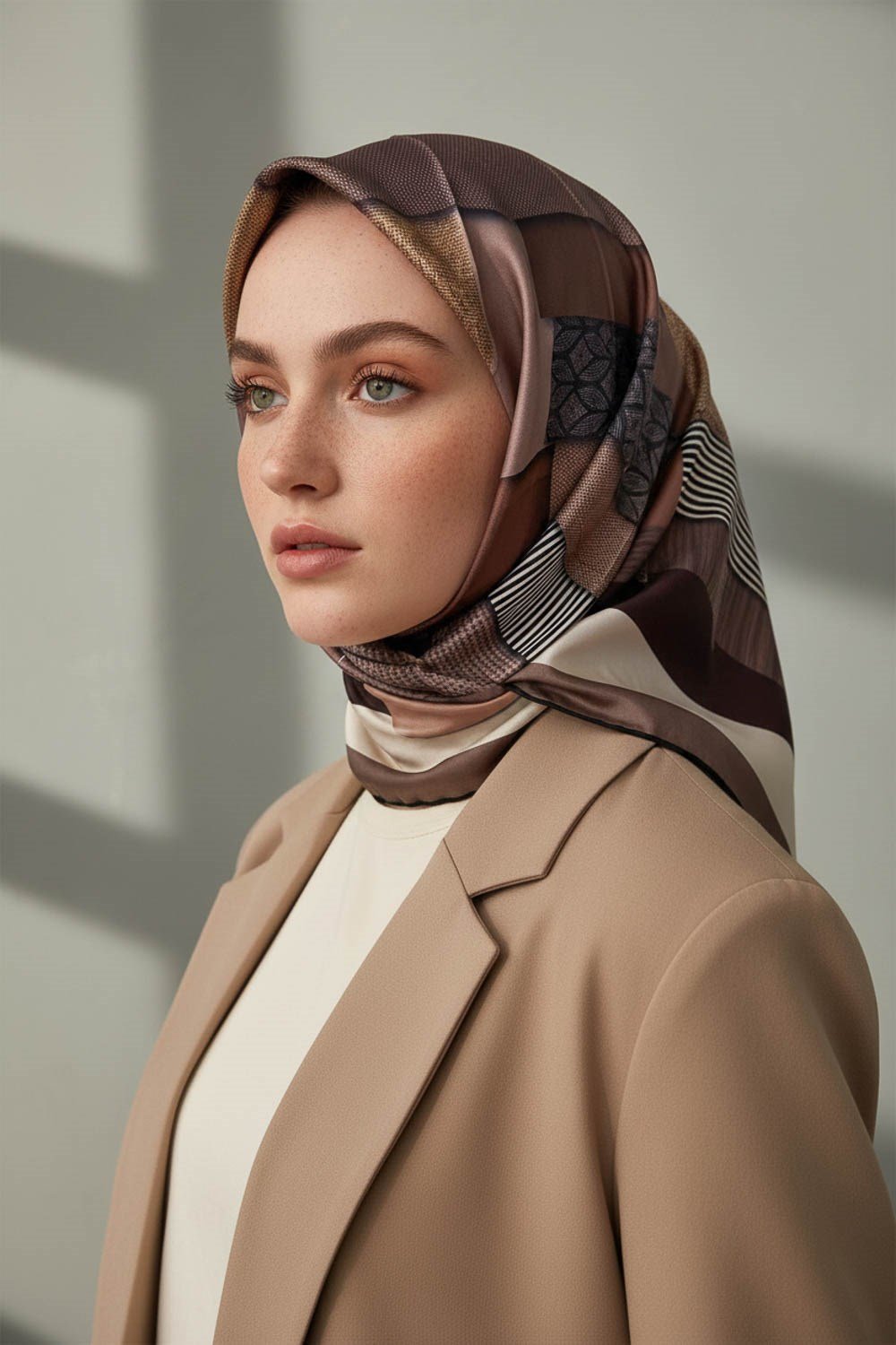 %100 Twill İpek Geometrik Desenli Bakır - Bej Renkli 90x90 Eşarp Dikim Şekli : El Dikişi