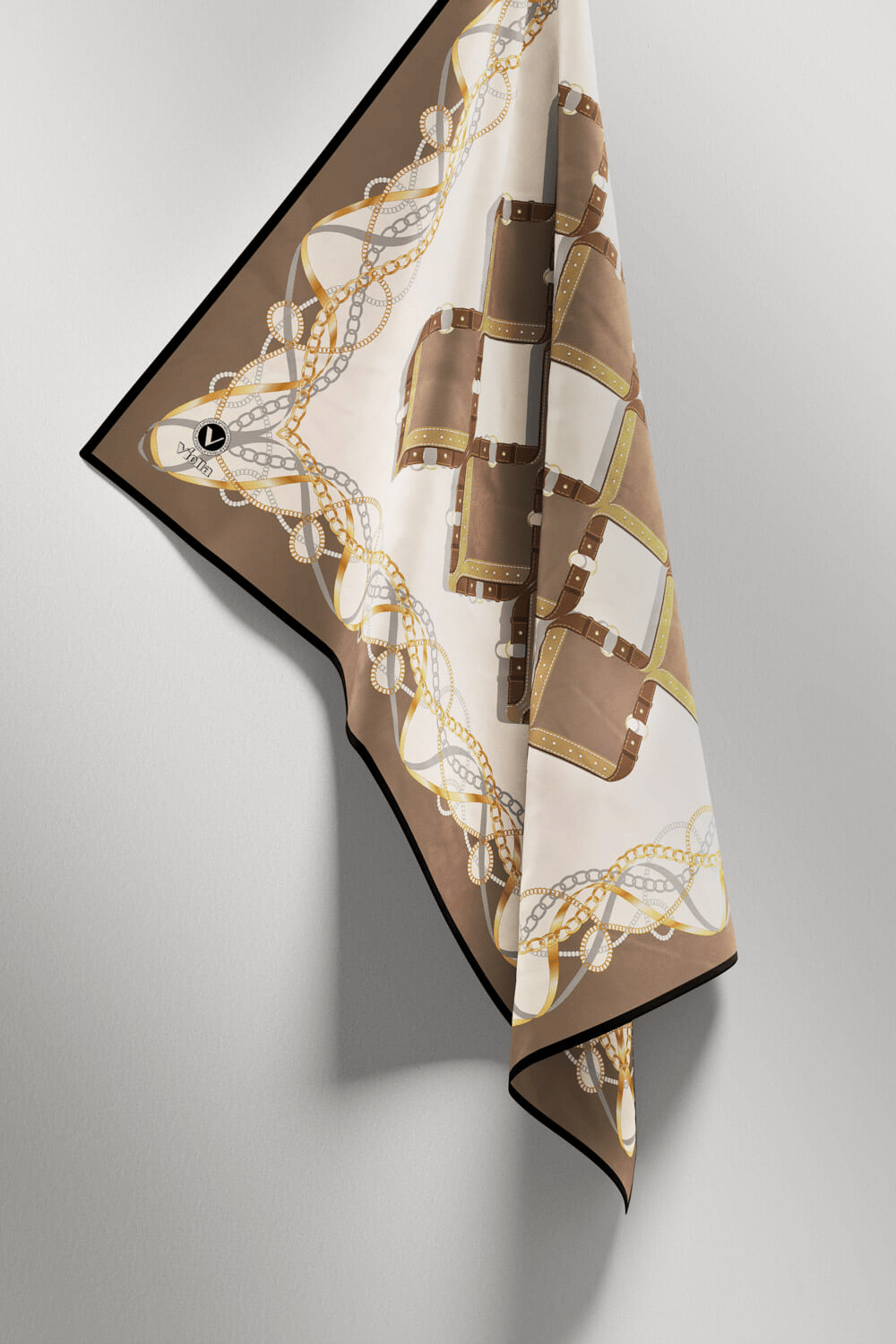 Twill Kemer Ve Zincir Desenli Vizon Renkli 90x90 Eşarp (İpek İçermez) Kenar Dikiş Şekli El Dikişli