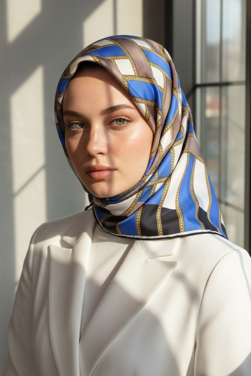 %100 Twill İpek Hasır Örgü Desenli Saks - Lacivert Renkli 90x90 Eşarp Dikim Şekli : El Dikişi
