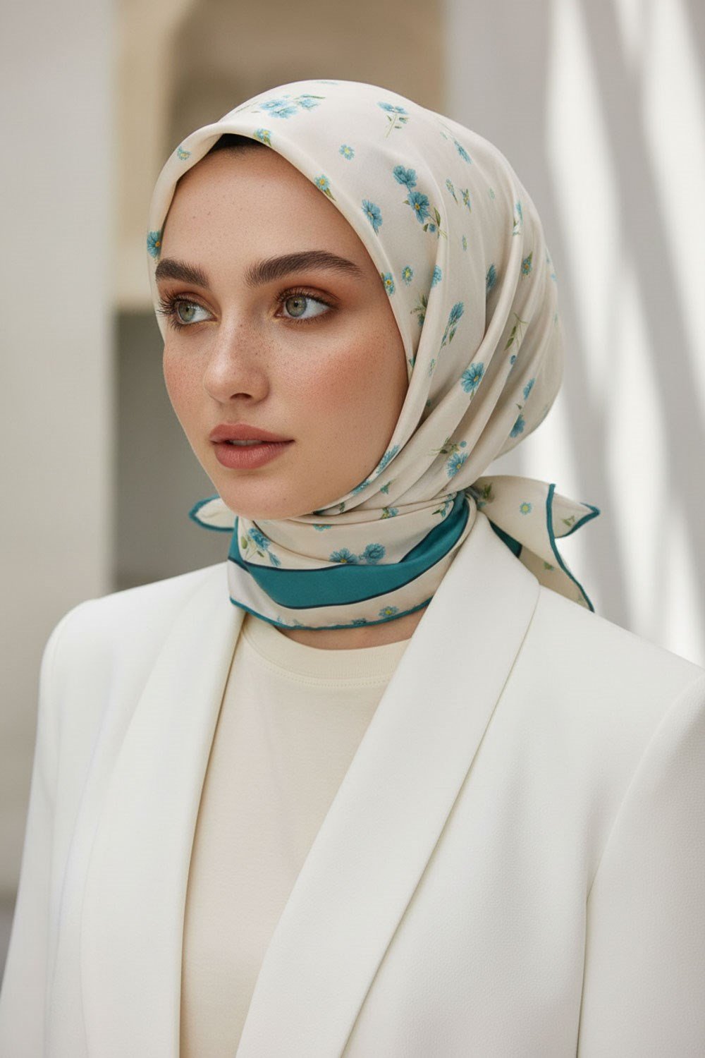 100% Twill İpek Bordürlü Çıtır Çiçek Desenli Petrol Yeşili Renkli 90x90 Dikim Şekli : El Dikişi Eşarp