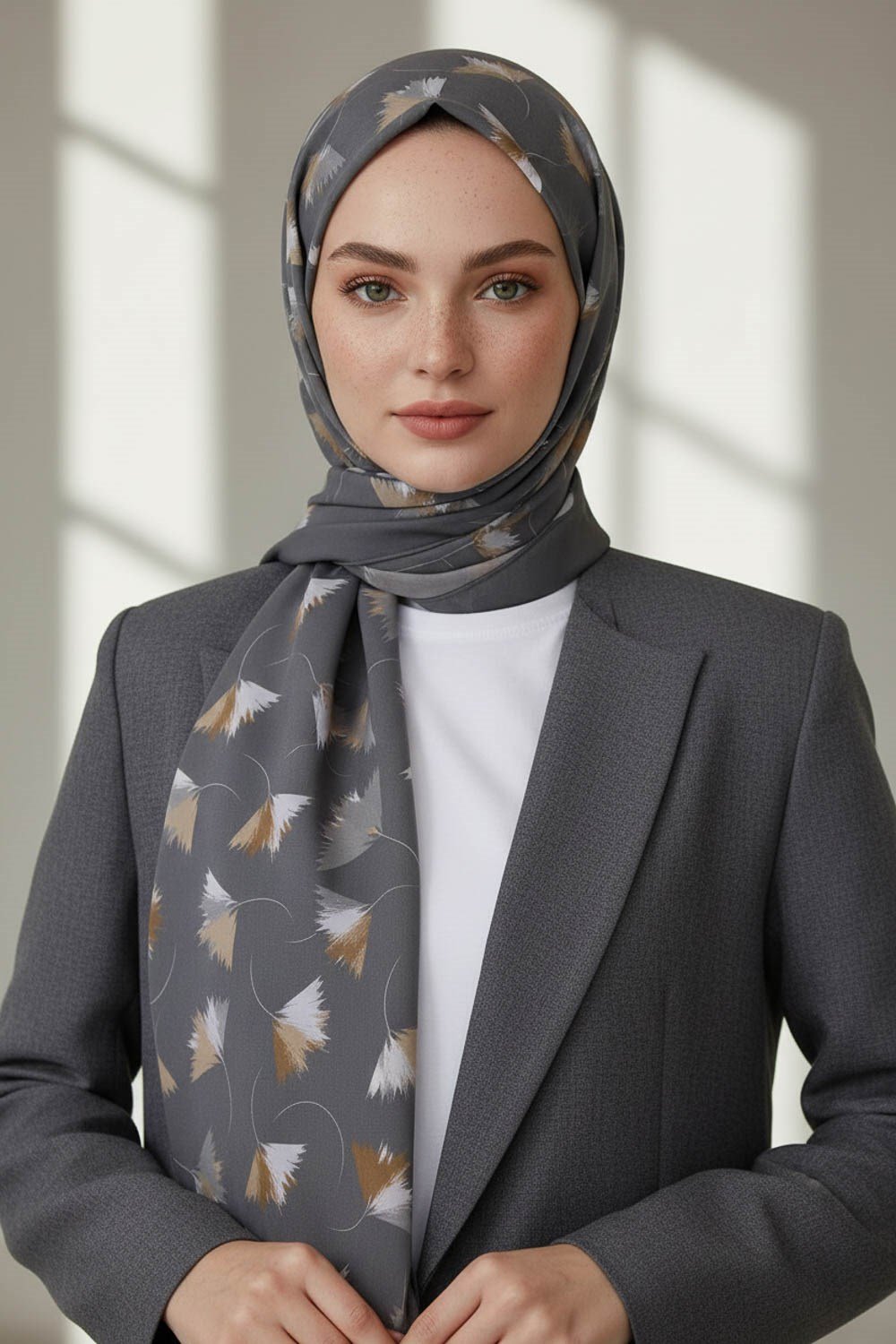KREP YAPRAK DESENLİ GRİ RENKLİ 75X195 KIRIŞMAZ ŞAL