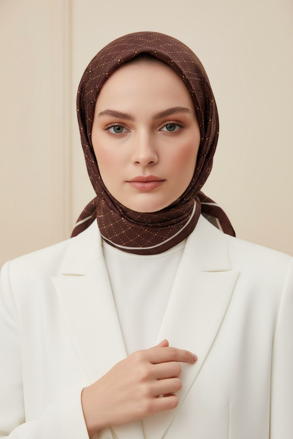 %100 Twill İpek Minik V Desenli Kahverengi Renkli 90x90 Eşarp Dikim Şekli : El Dikişi