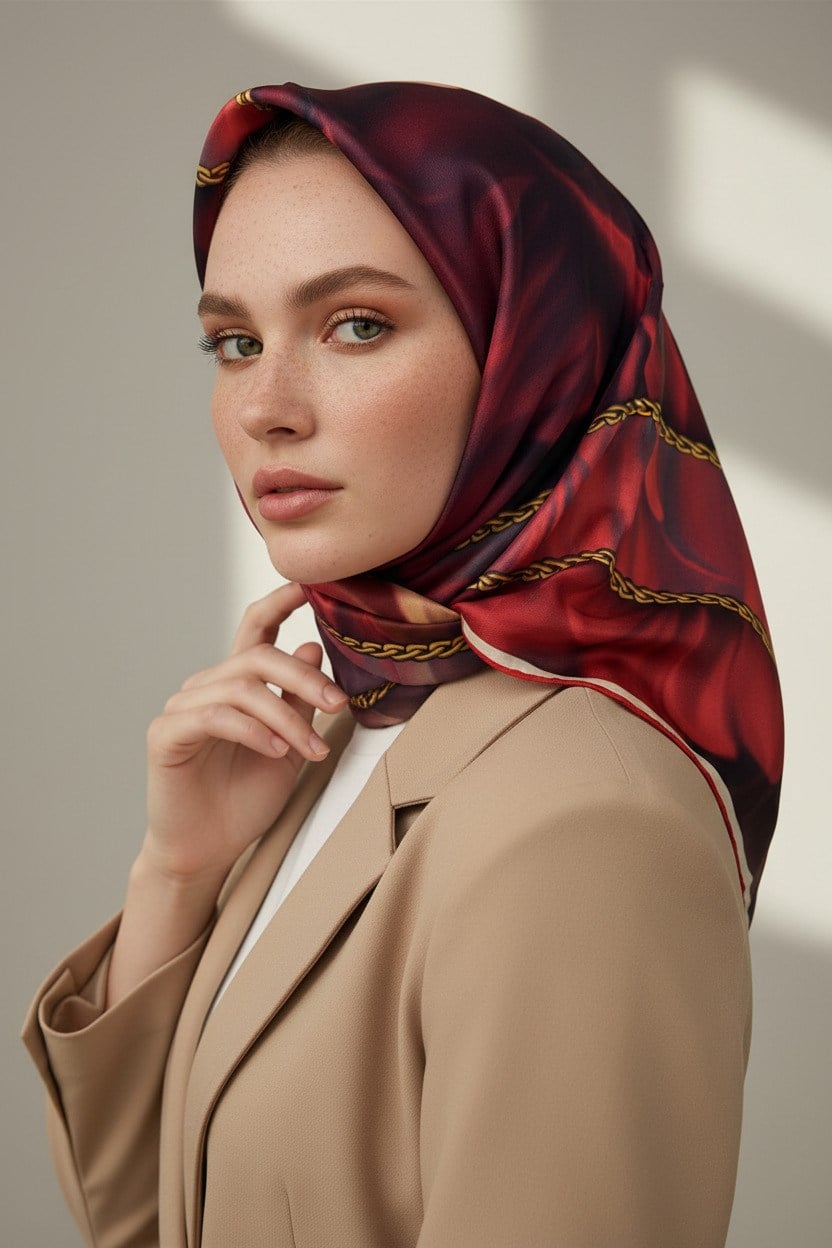 % 57 İPEK % 43 VİSKON Twill İpek Çiçek Geometrik Desenli kırmızı Renkli 90x90 Eşarp Dikim Şekli : El Dikişi