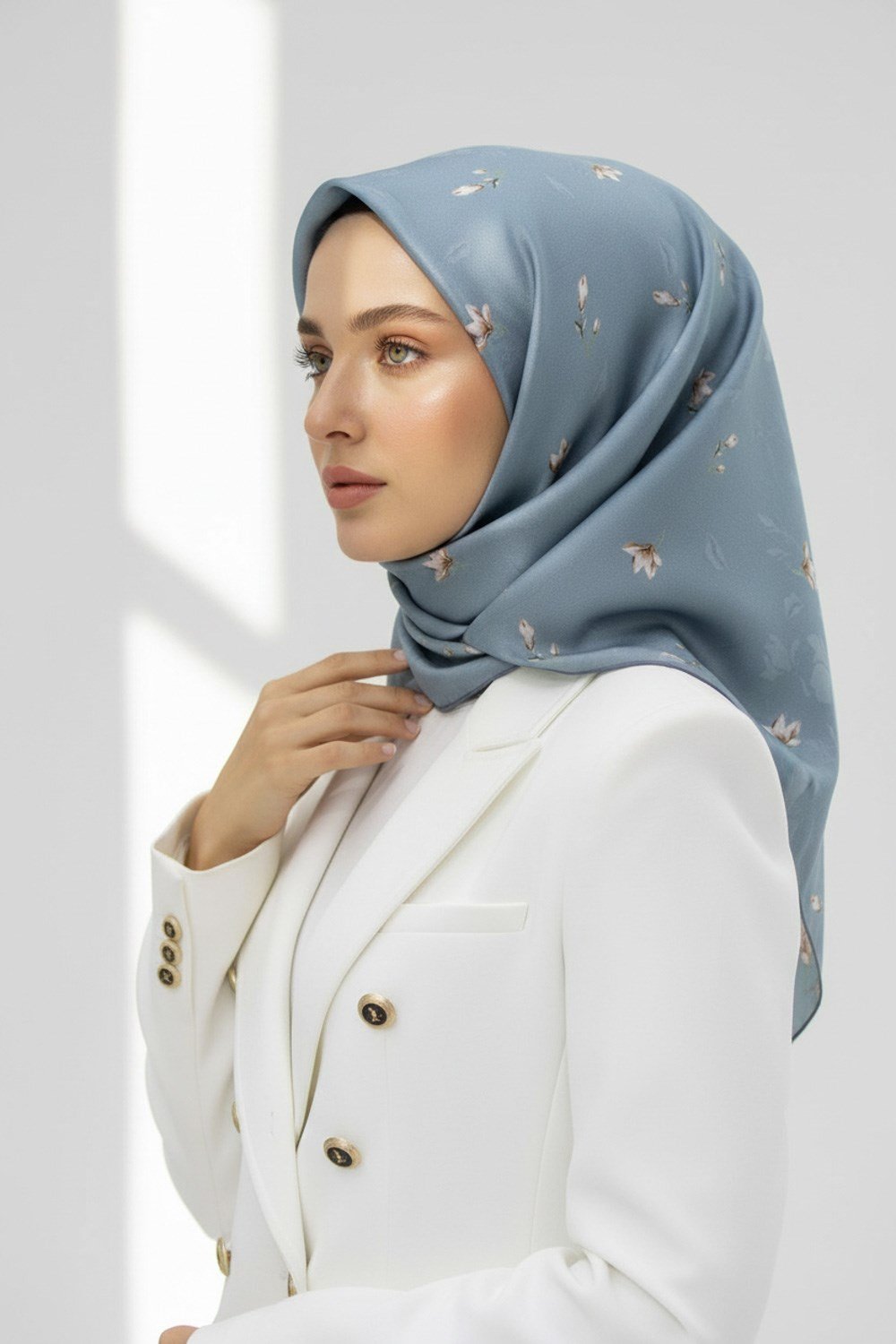 %100 Twill İpek Çiçek Desenli Petrol Yeşili Renkli 90x90 Eşarp Dikim Şekli : El Dikişi