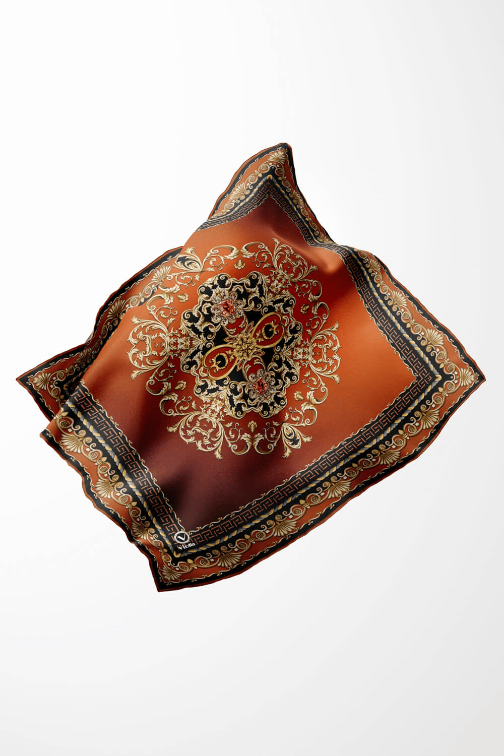 Twill Barok Desenli Siyah - Taba Renkli 90x90 Eşarp (İpek İçermez) Dikim Şekli : El Dikişi