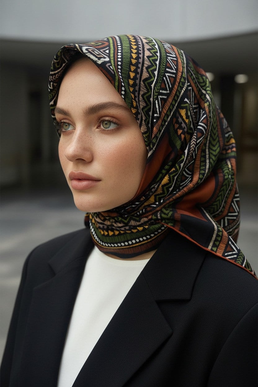 % 57 İPEK % 43 VİSKON Twill İpek Etnik Desenli Taba - Haki Renkli 90x90 Eşarp Dikim Şekli : El Dikişi