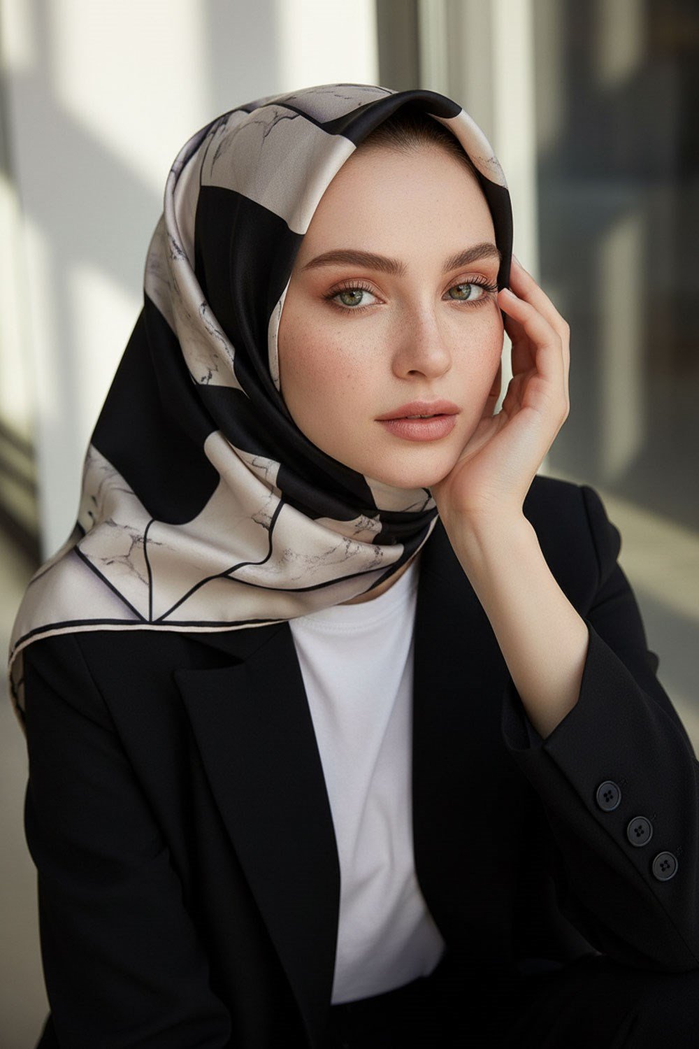 %100 Twill İpek Mermer Desenli Siyah - Krem Renkli 90x90 Eşarp Dikim Şekli : El Dikişi