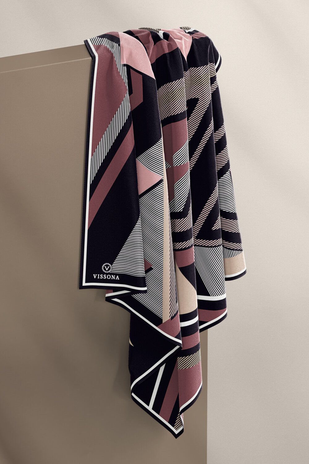 % 57 İPEK % 43 VİSKON Twill İpek Geometrik Desenli Pudra - Siyah Renkli 90x90 Eşarp Dikim Şekli : El Dikişi
