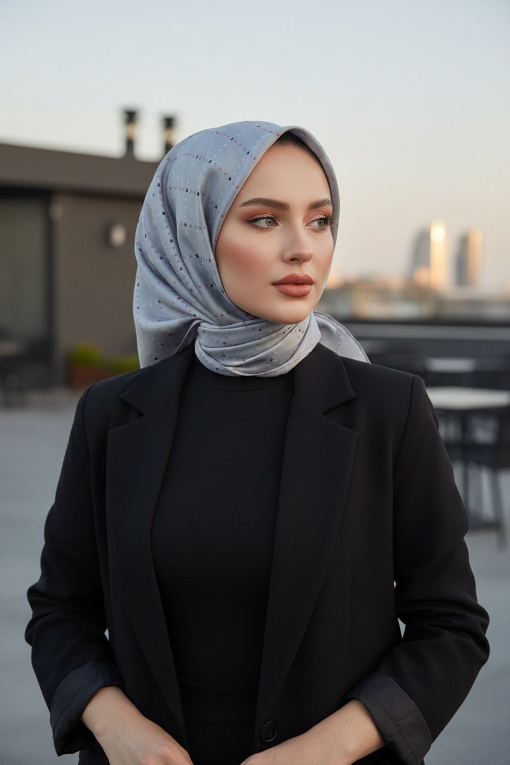% 57 İPEK % 43 VİSKON Twill İpek Minik V Desenli Gri Renkli 90x90 Eşarp Dikim Şekli : El Dikişi