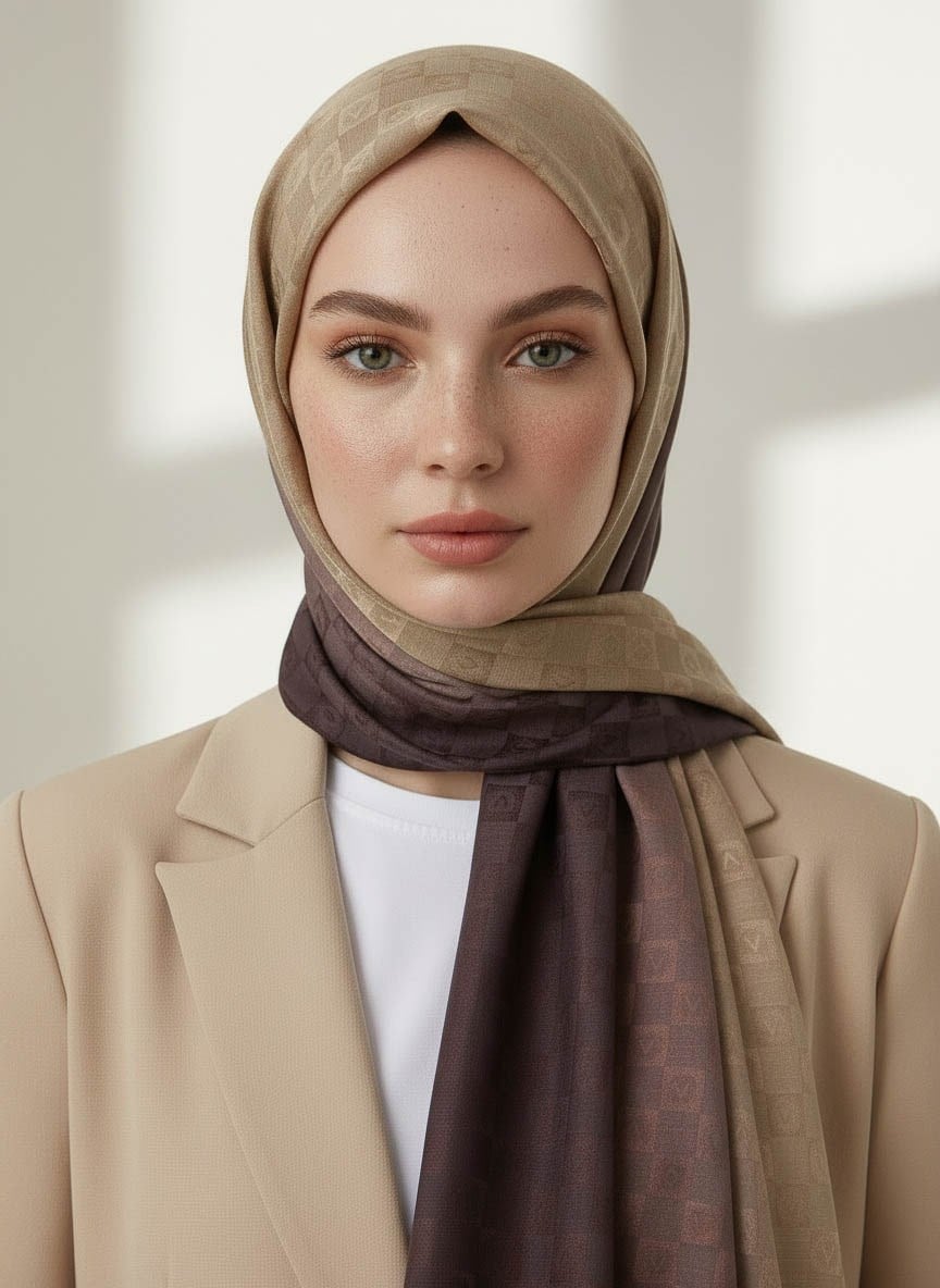 Vissona %57 İPEK %43 PAMUK Degrade Desenli Sütlü Kahverengi Renkli Şal -  70x190 Dikiş Tipi İtalyan Dikişli