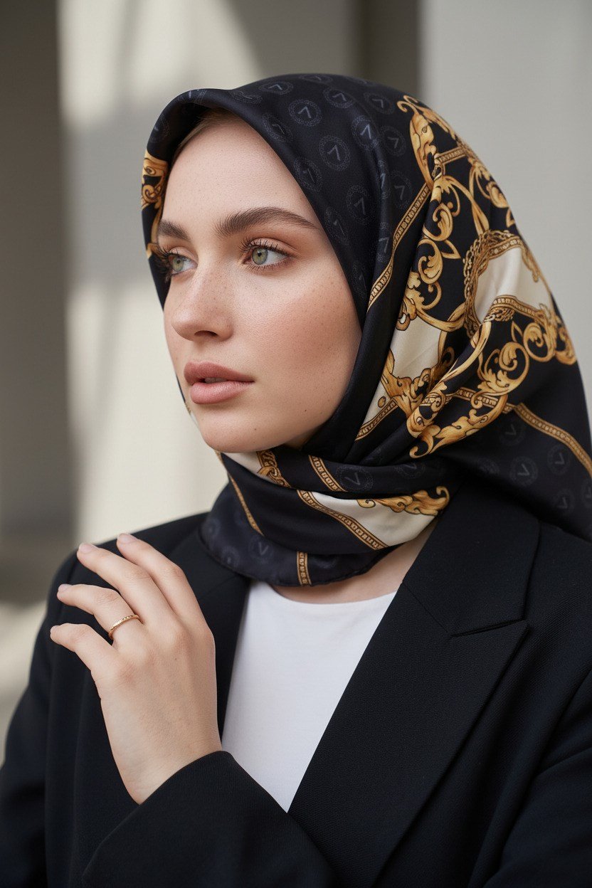 %100 Twill İpek Monogramlı Ve Barok Desenli Siyah - Gold Renkli 90x90 Eşarp Dikim Şekli : El Dikişi