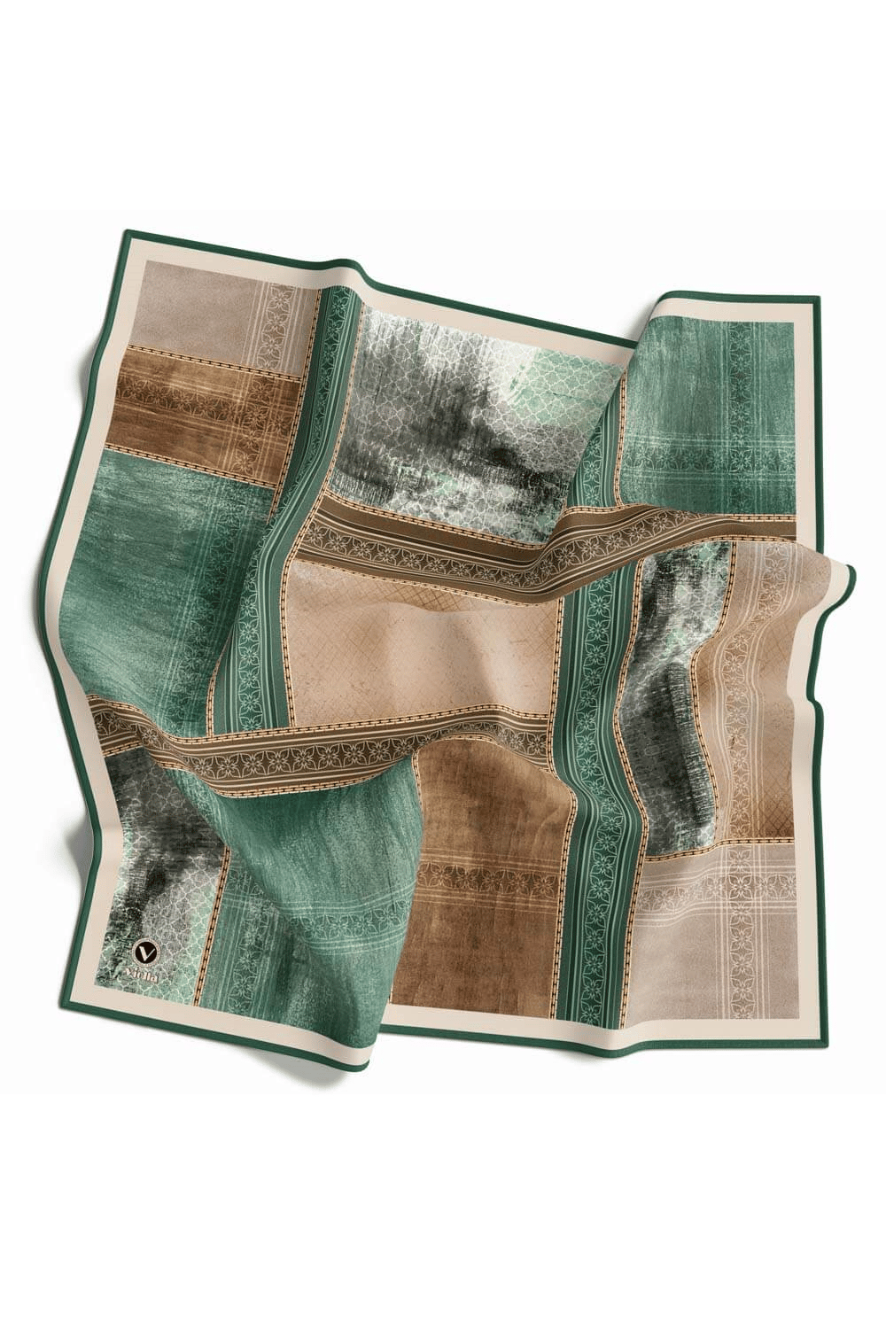 Twill Dokulu Ve Geometrik Desenli Petrol Yeşili Renkli 90x90 Eşarp (İpek İçermez) Dikim Şekli : El Dikişi