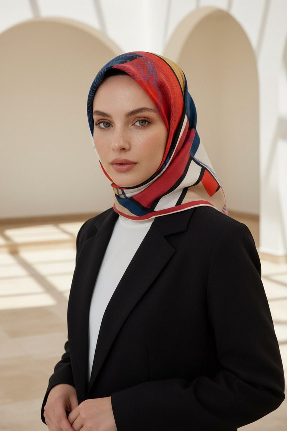 %100 Twill İpek Geometrik Desenli Kırmızı- Lacivert Renkli 90x90 Eşarp Dikim Şekli : El Dikişi