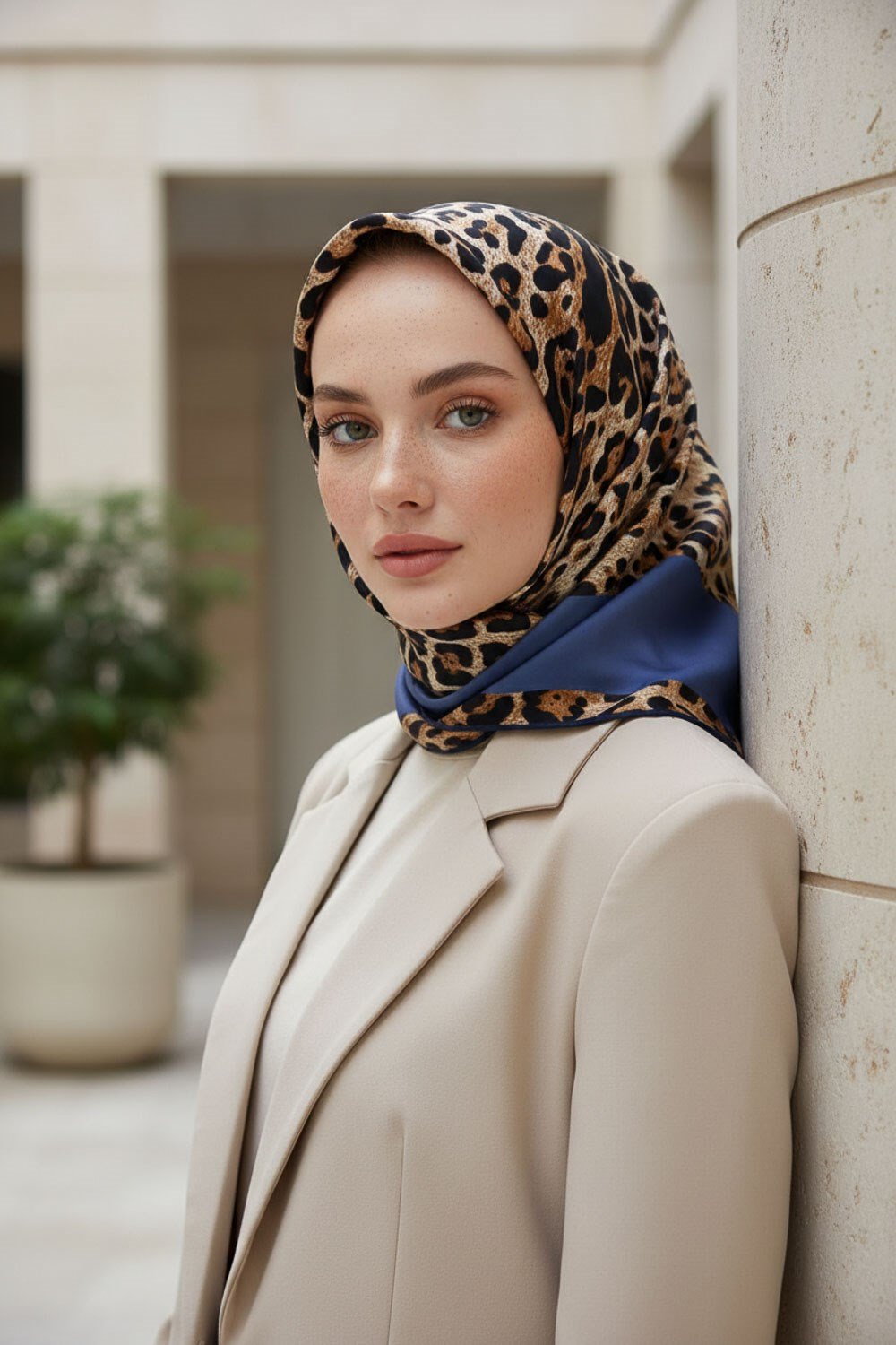 %100 Twill İpek Leopar Desenli İndigo Renkli 90x90 Eşarp Dikim Şekli : El Dikişi