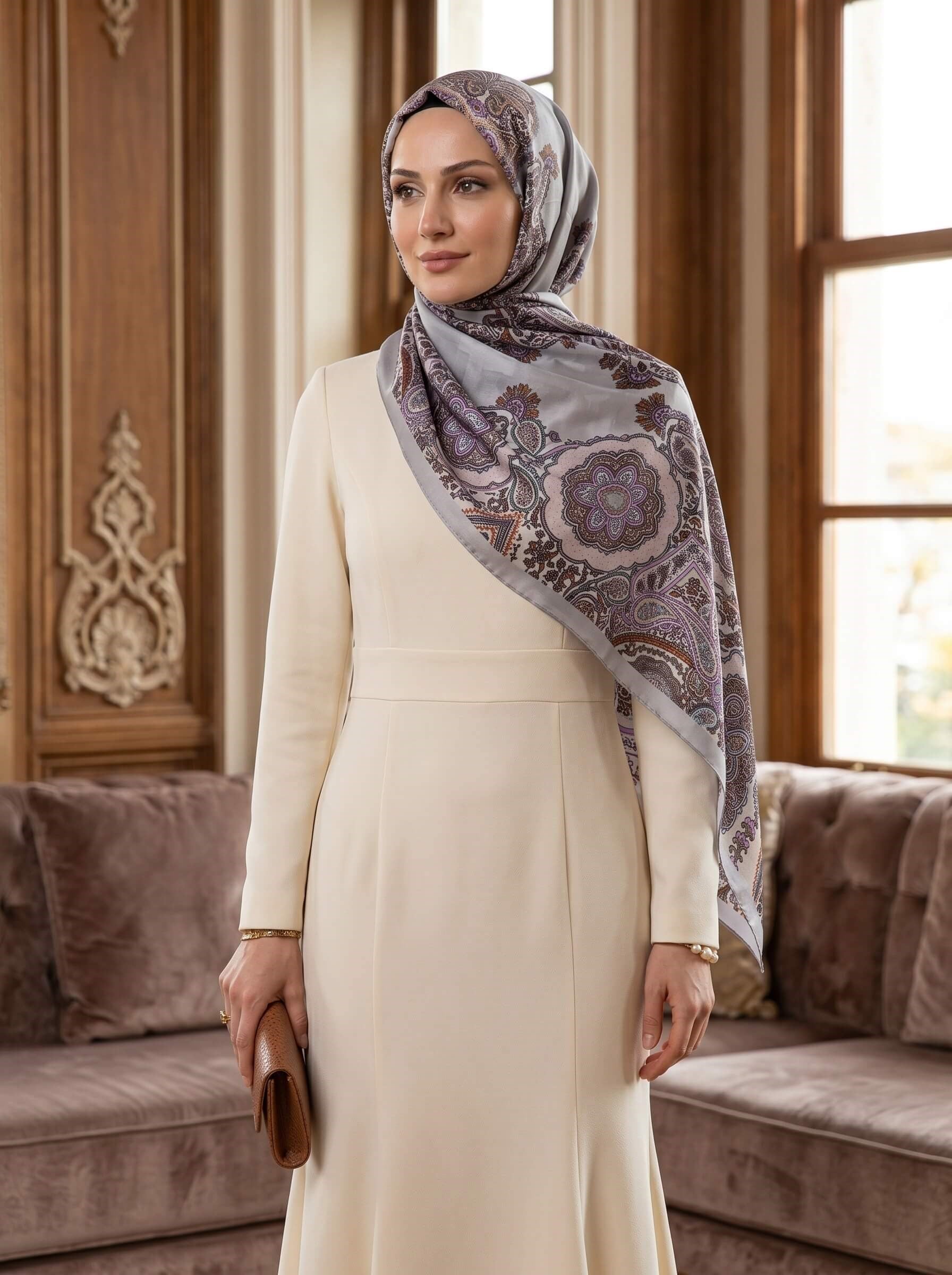 %100 Saf İpek Şal İnce Saten Vual Dokuma Etro Desenli Gri Renkli 90x210 Şal