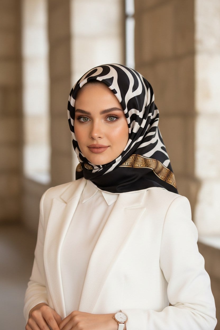 %100 Twill İpek Zebra Desenli Siyah - Beyaz Renkli 90x90 Eşarp Dikim Şekli : El Dikişi