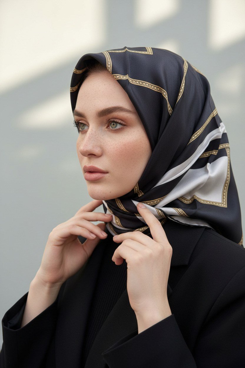 %100 Twill İpek Geometrik Desenli Siyah - Krem Renkli 90x90 Eşarp Dikim Şekli : El Dikişi