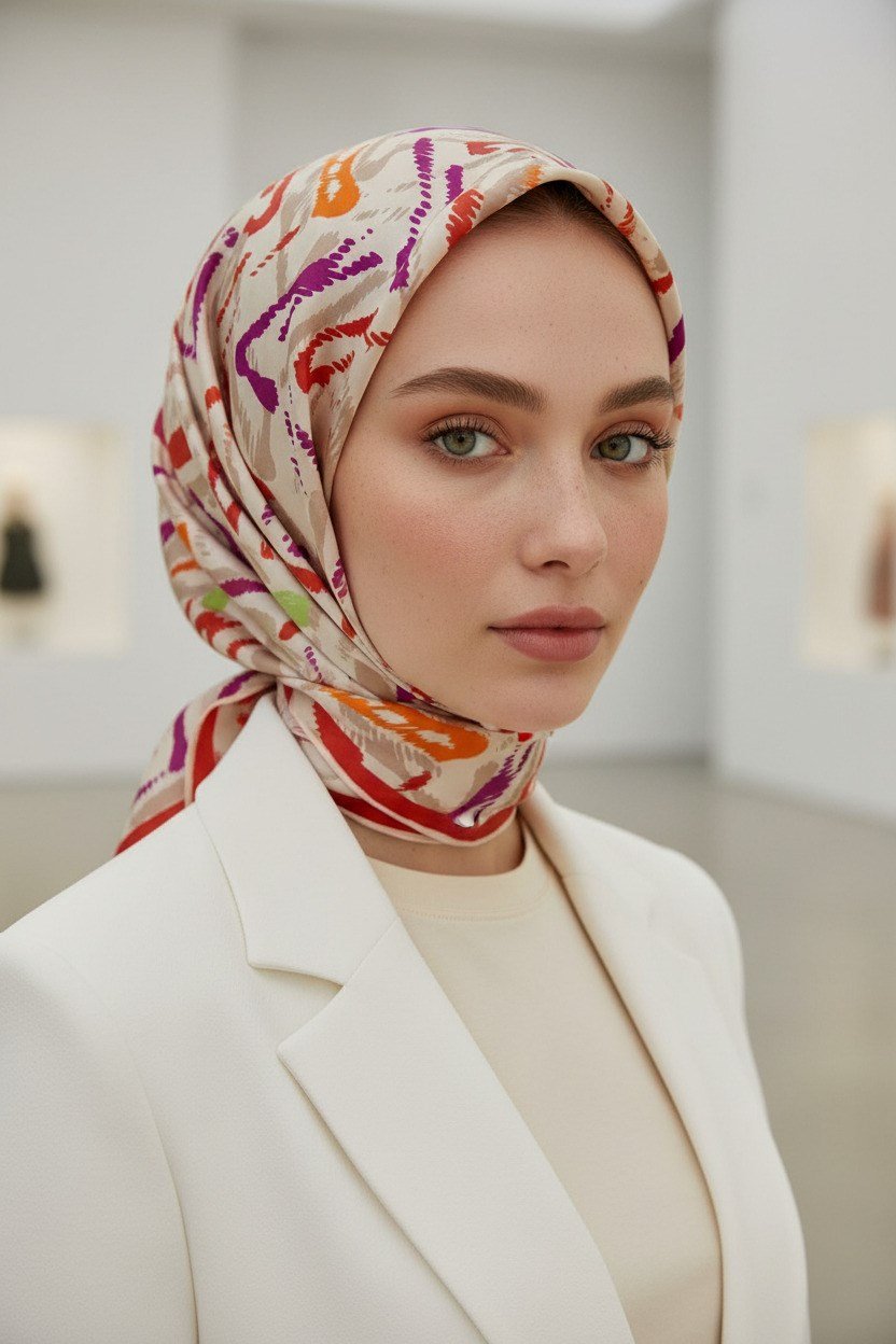 %100 Twill İpek Geometrik Desenli Kırmızı- Mürdüm Renkli 90x90 Eşarp Dikim Şekli : El Dikişi