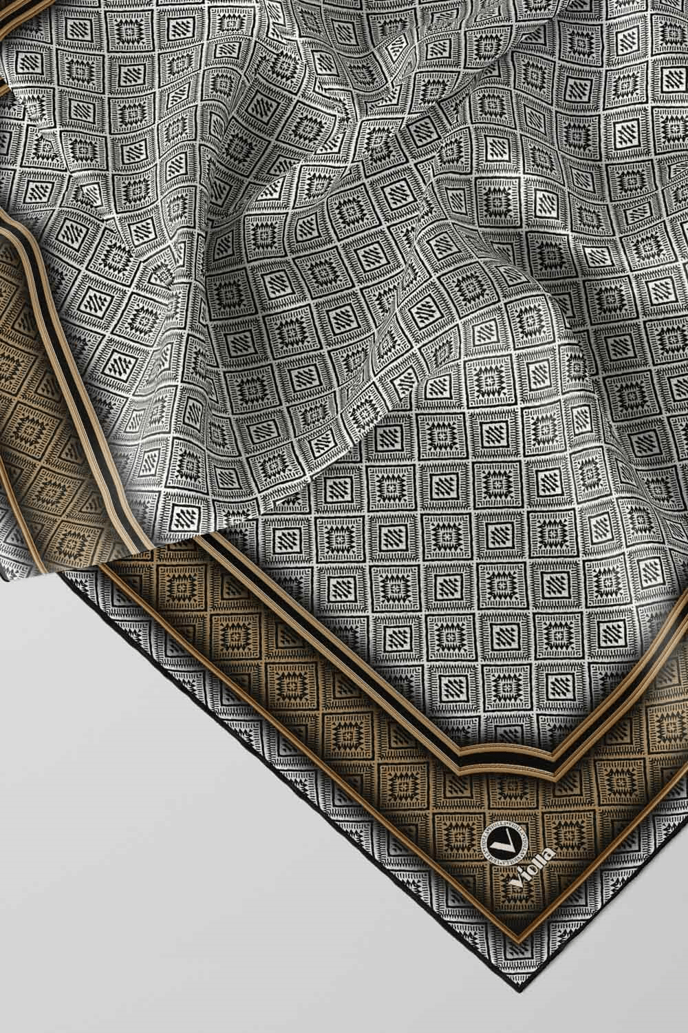 Twill Geometrik Çıtır Desenli Bej Renkli 90x90 Eşarp (İpek İçermez) Kenar Dikiş Şekli El Dikişli