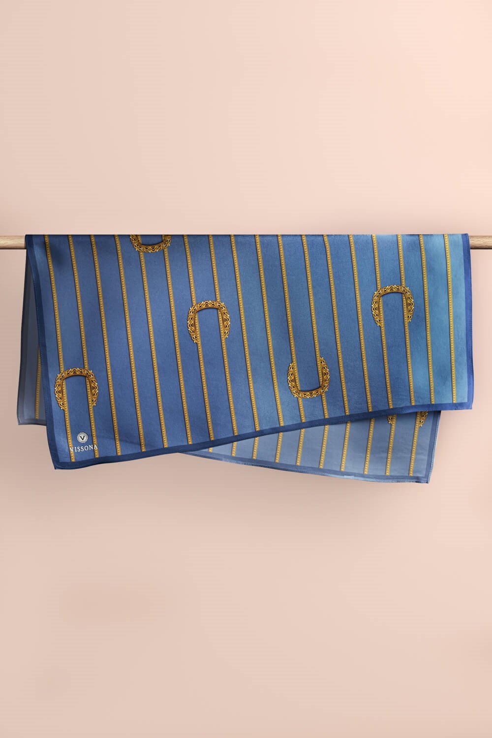 %100 Twill İpek Kemer Desenli Gold - İndigo Renkli 90x90 Eşarp Dikim Şekli : El Dikişi